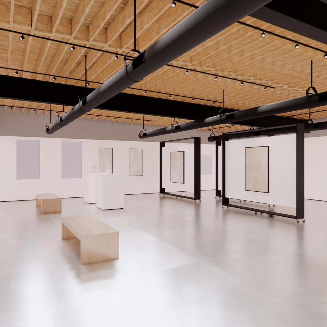Photo of art gallery with blue KNIT and pink K in bottom right-hand corner