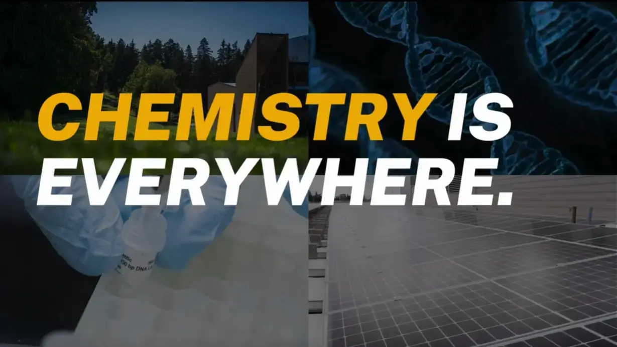 A collage of science images with "Chemistry is everywhere" written on it.