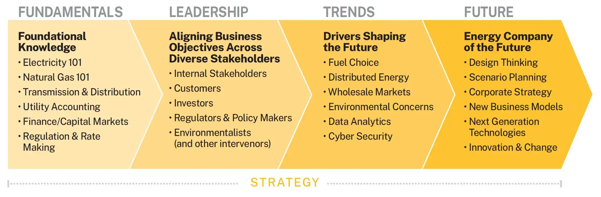 EEC curriculum graphic of fundamentals, leadership, trends and future.
