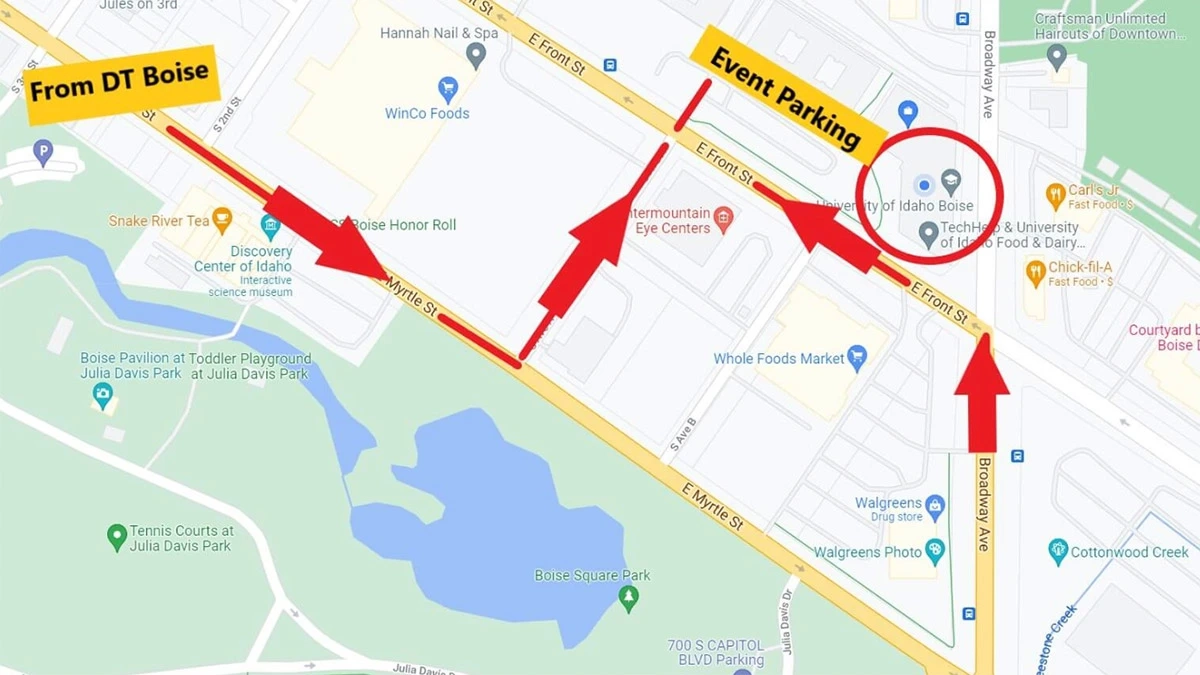Directions to the Boise Water Center on Front St. from Myrtle St. or Broadway Ave.