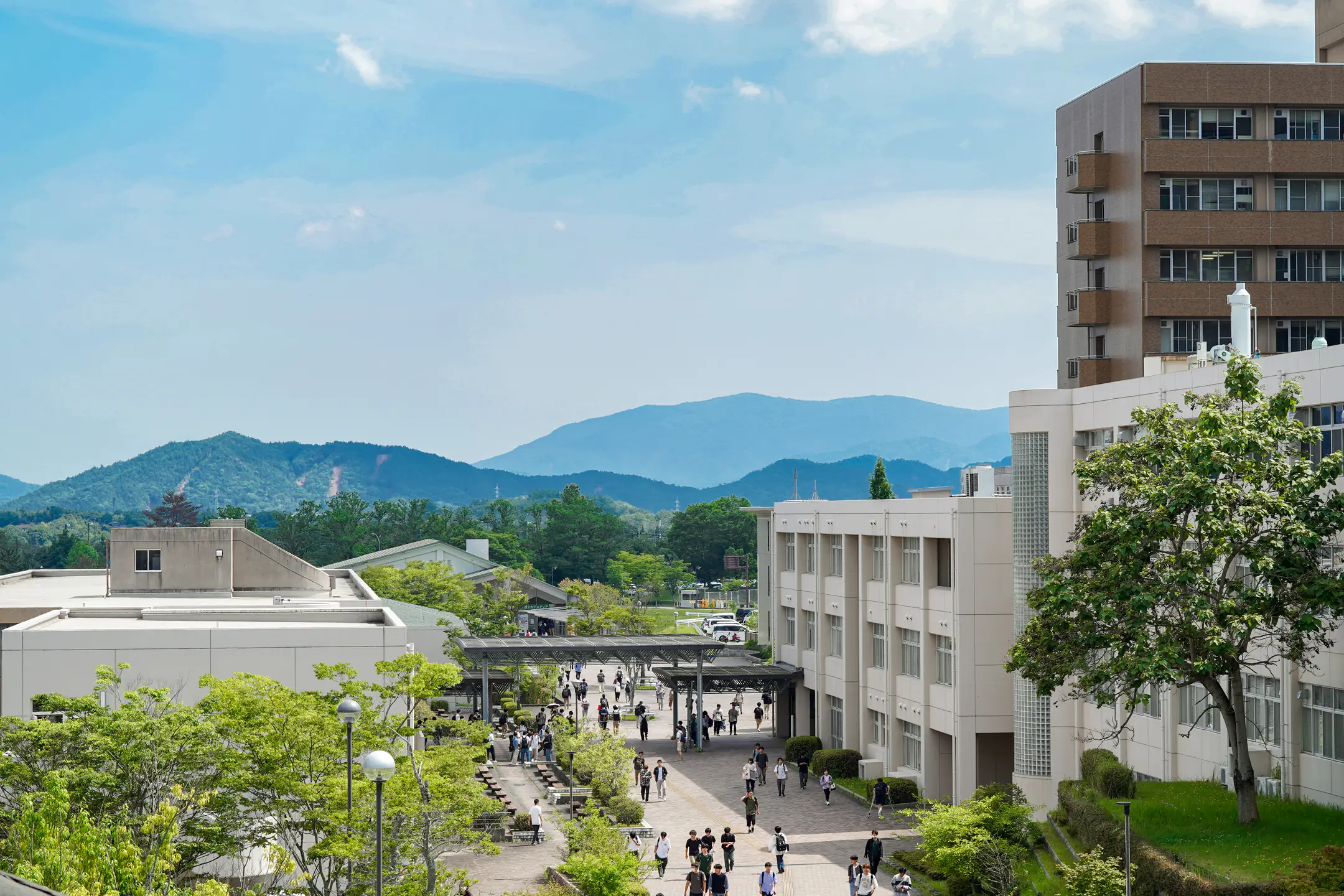 Skyline view of HU campus surrounded by trees and mountains
