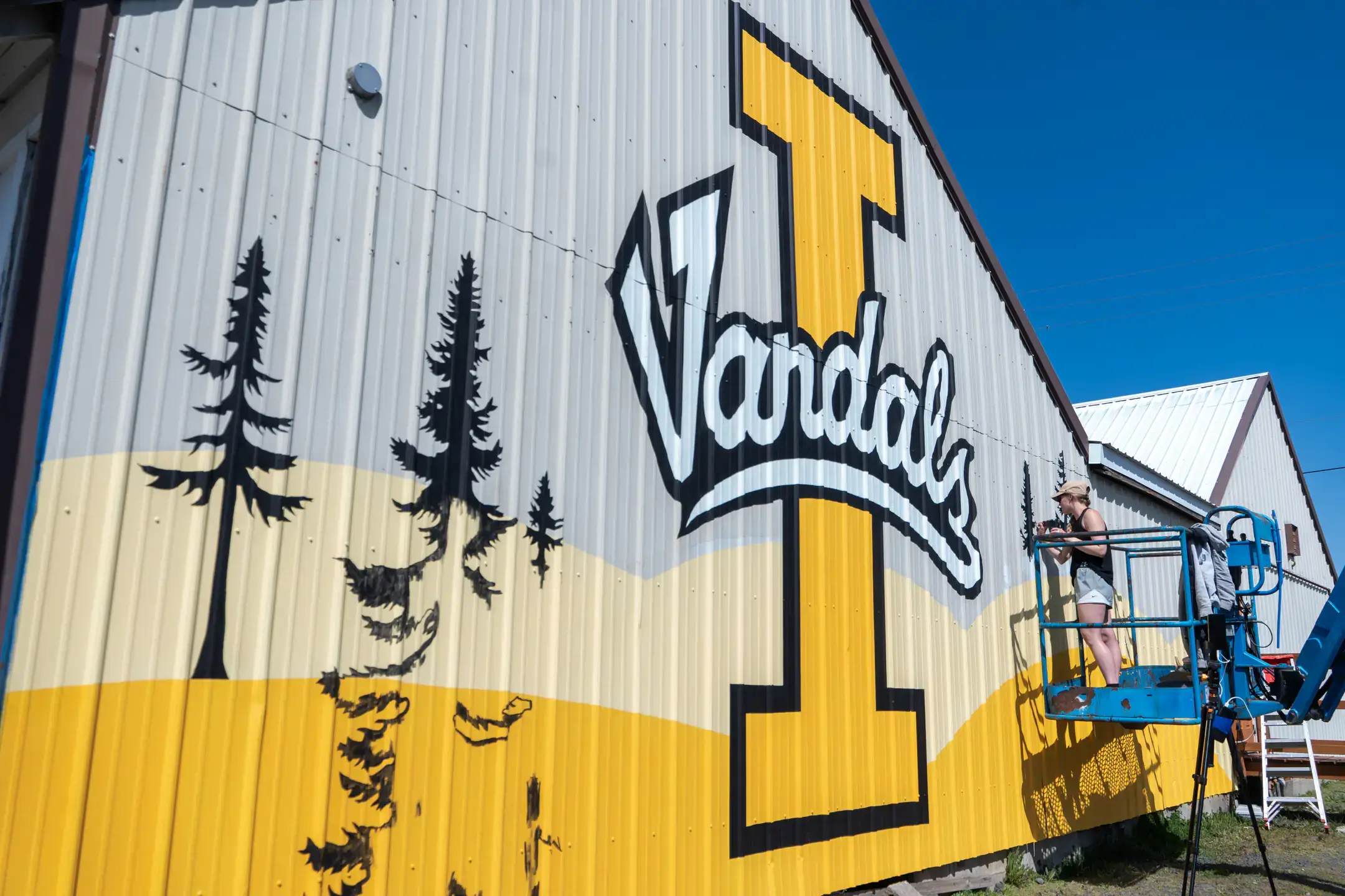 A woman in a hoist painting a mural on a wall.