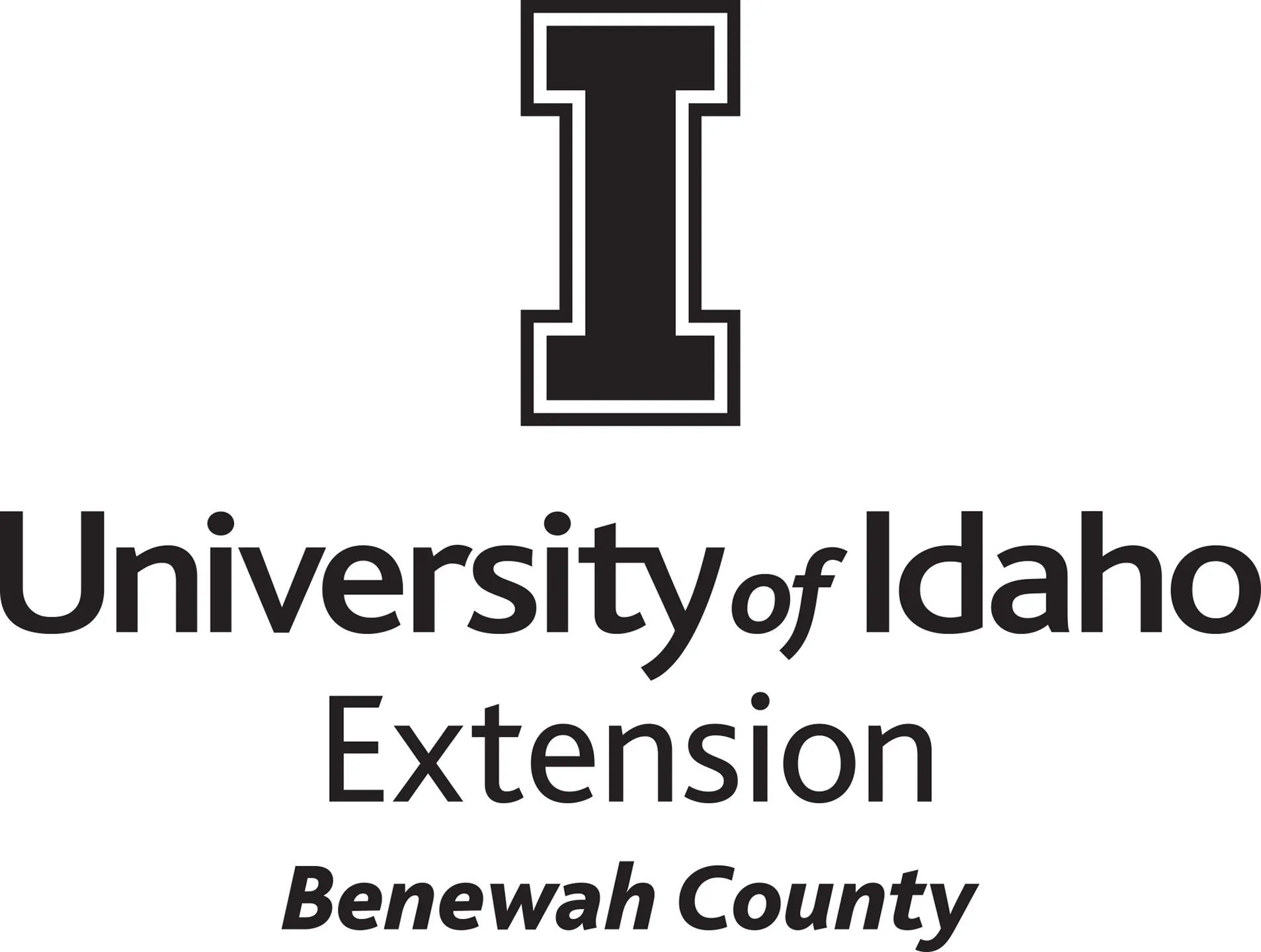 Stacked University of Idaho Extension Benewah County logo in all black - JPG file, all black color, RGB mode. Please select original file when downloading. For assistance, email: medialibrary@uidaho.edu