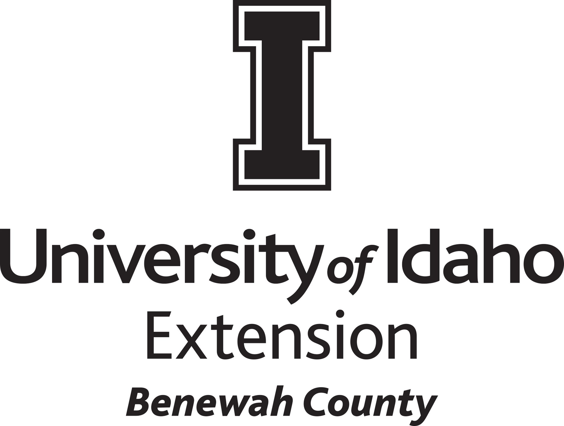Stacked University of Idaho Extension Benewah County logo in all black - JPG file, all black color, RGB mode. Please select original file when downloading. For assistance, email: medialibrary@uidaho.edu