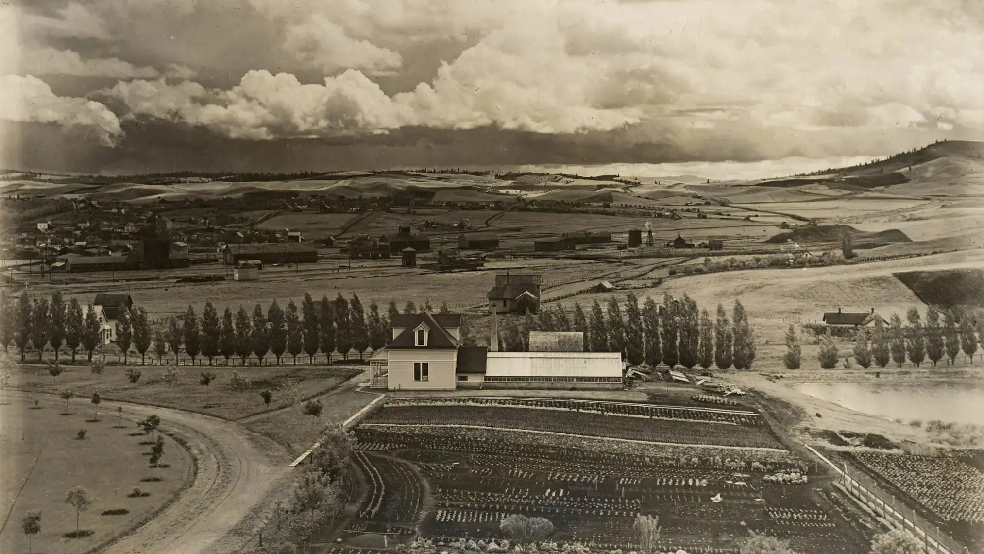 A sepia-toned photograph of a rural landscape featuring farms, fields, buildings, and rows of trees under a cloudy sky.