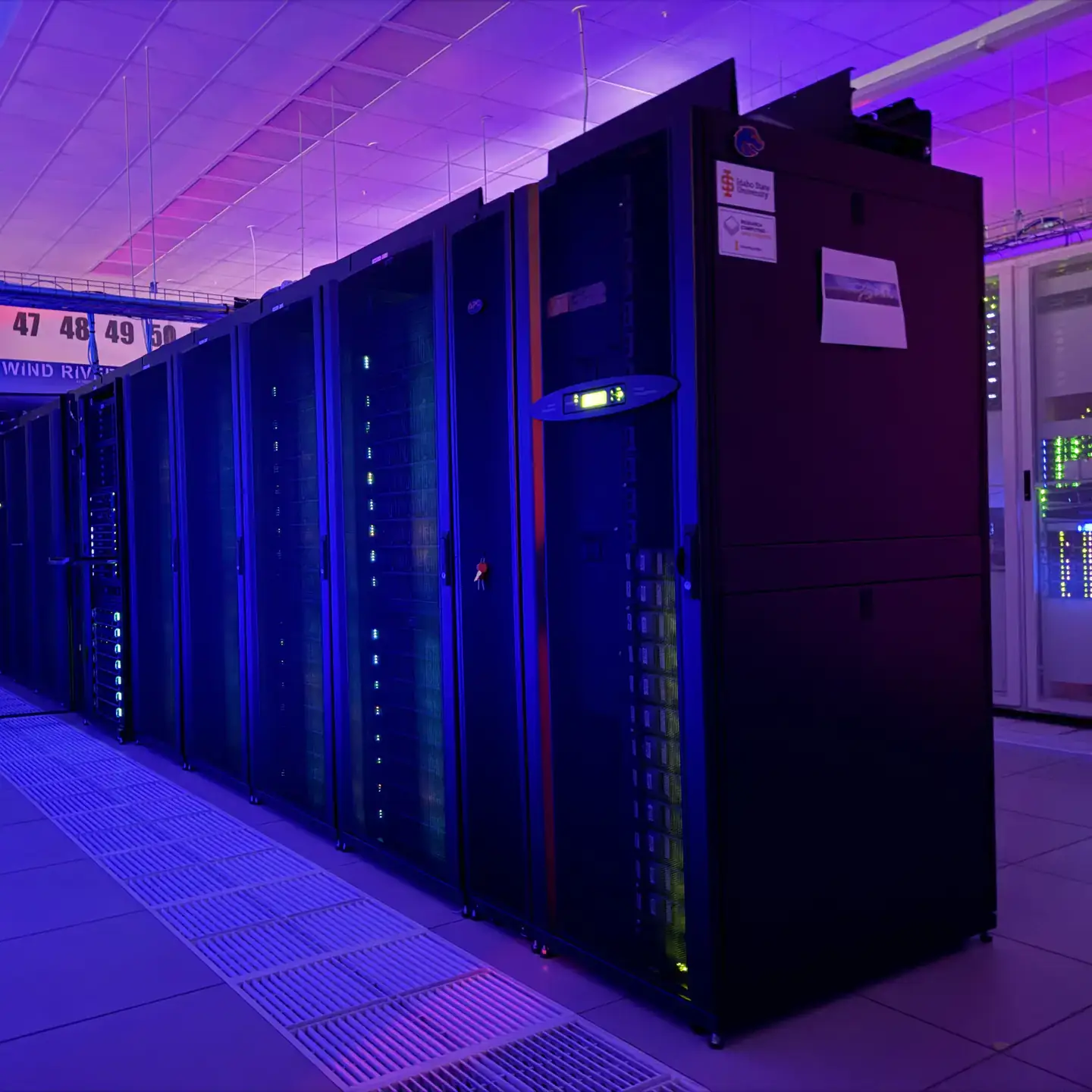 Rows of high-performance computing servers inside a data center.