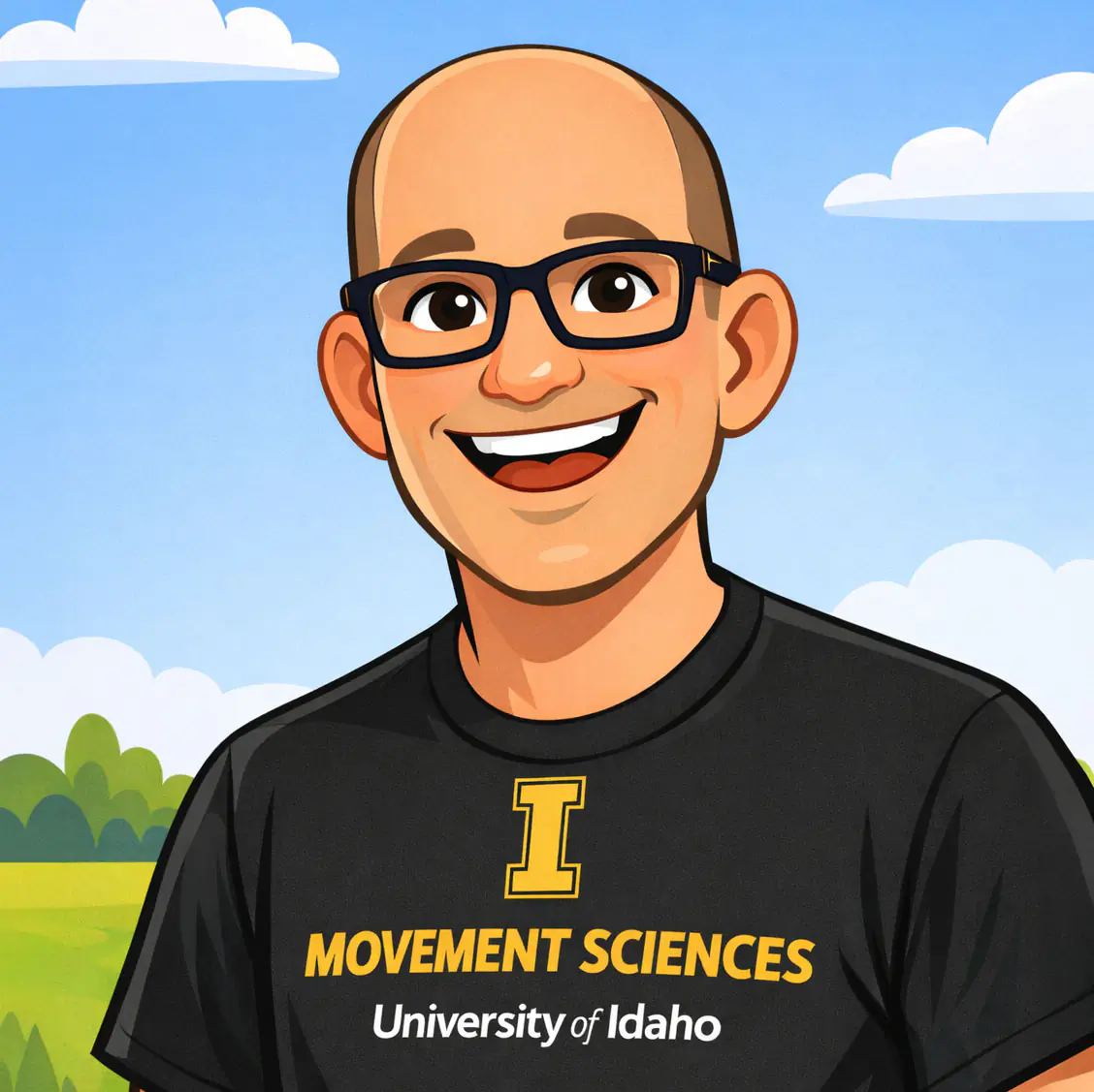 Cartoon avatar of bald man in black shirt with University of Idaho Movement Sciences branding