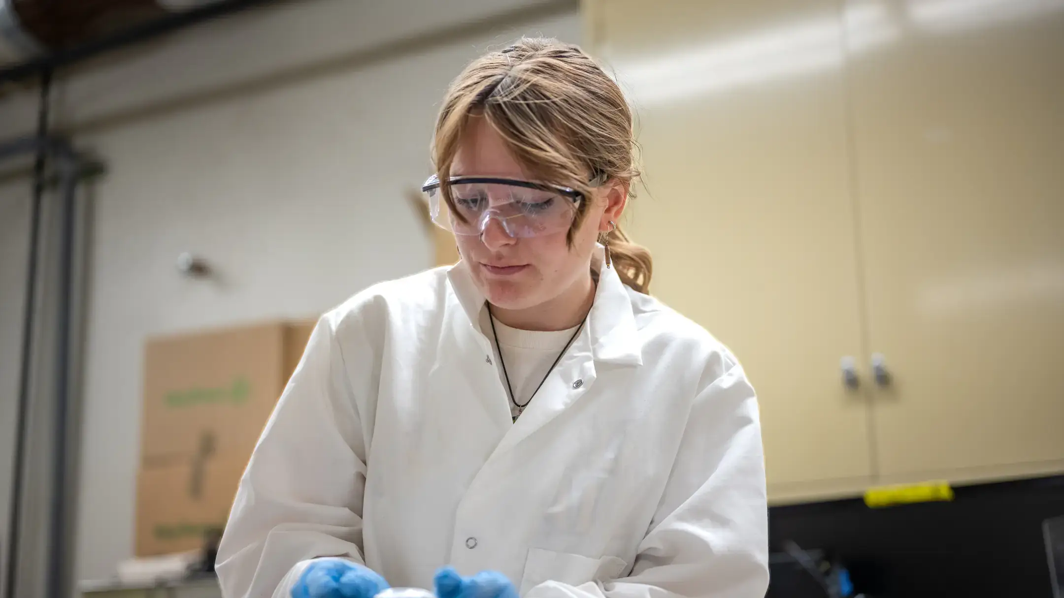 Researcher and student Madi Gilster is building gelatinous material that picks up phosphorous, a pollutant, from water and eventually hopes to recycle the phosphorous as part of a greater project in the Department of Chemical Engineering.