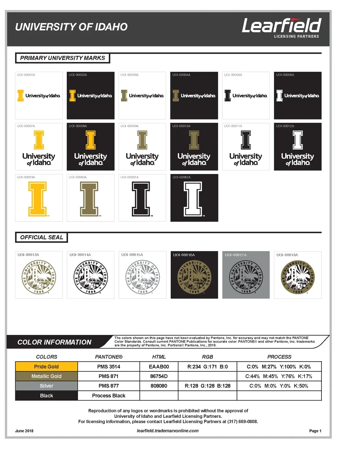 Visual example of UIdaho primary logos with approved color variations