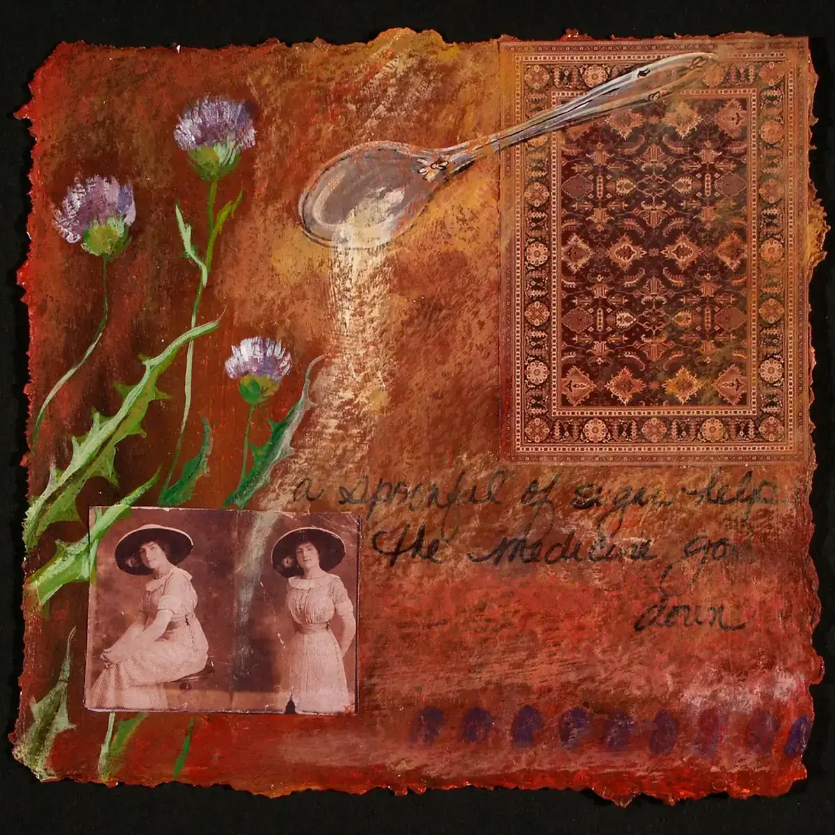 Collage mixe media painting of flowers, a spoon, ladies, and a rug