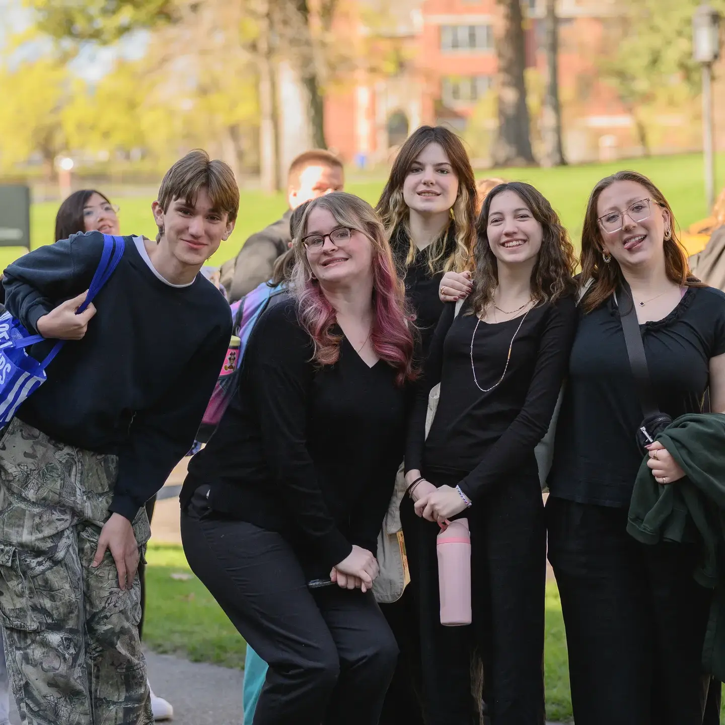 Students from Lake City High School in Coeur d’Alene Idaho smile outside the Lionel Hampton School of Music.