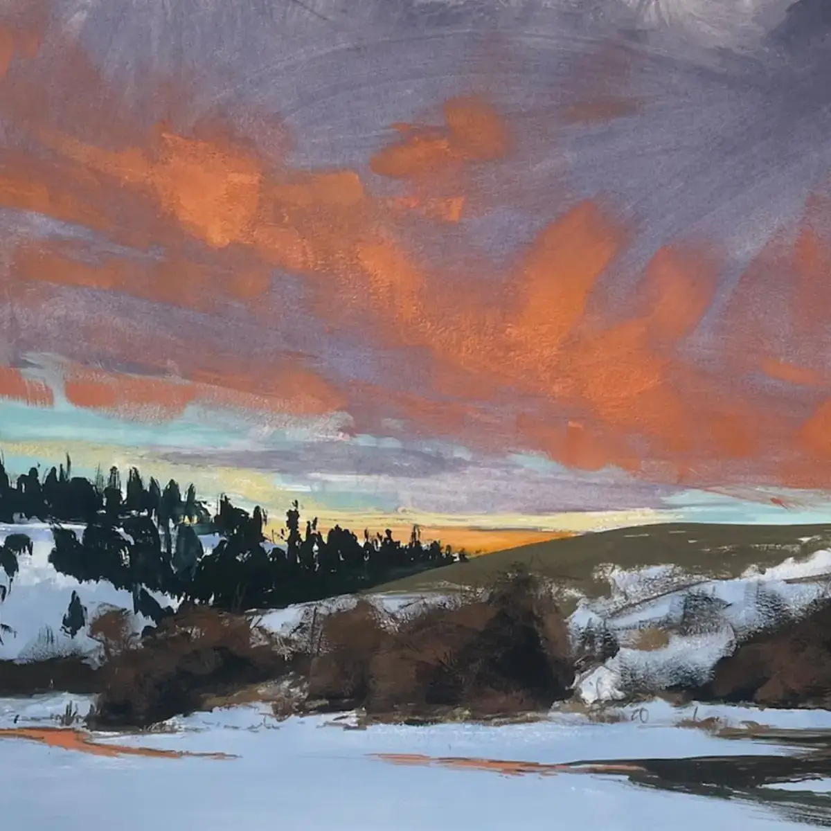 Sunset painting of hills covered with snow