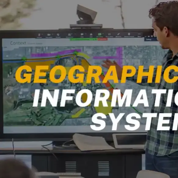 Geographical information systems thumbnail of a man looking at graphics on a screen.