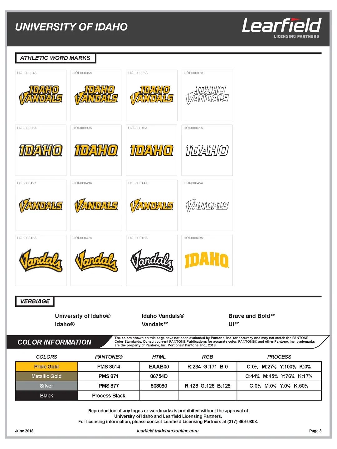 Visual example of UIdaho primary wordmarks with approved color variations