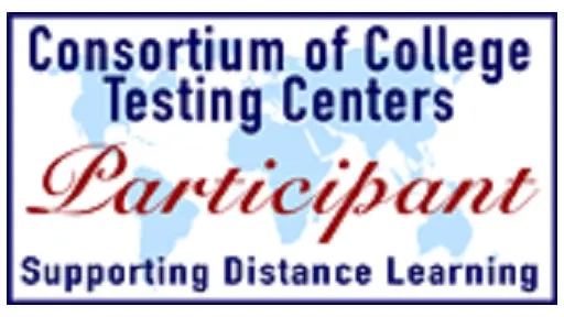 Blue and red badge logo for the Consortium of College Testing Centers, participant