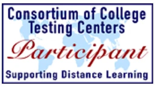 Blue and red badge logo for the Consortium of College Testing Centers, participant