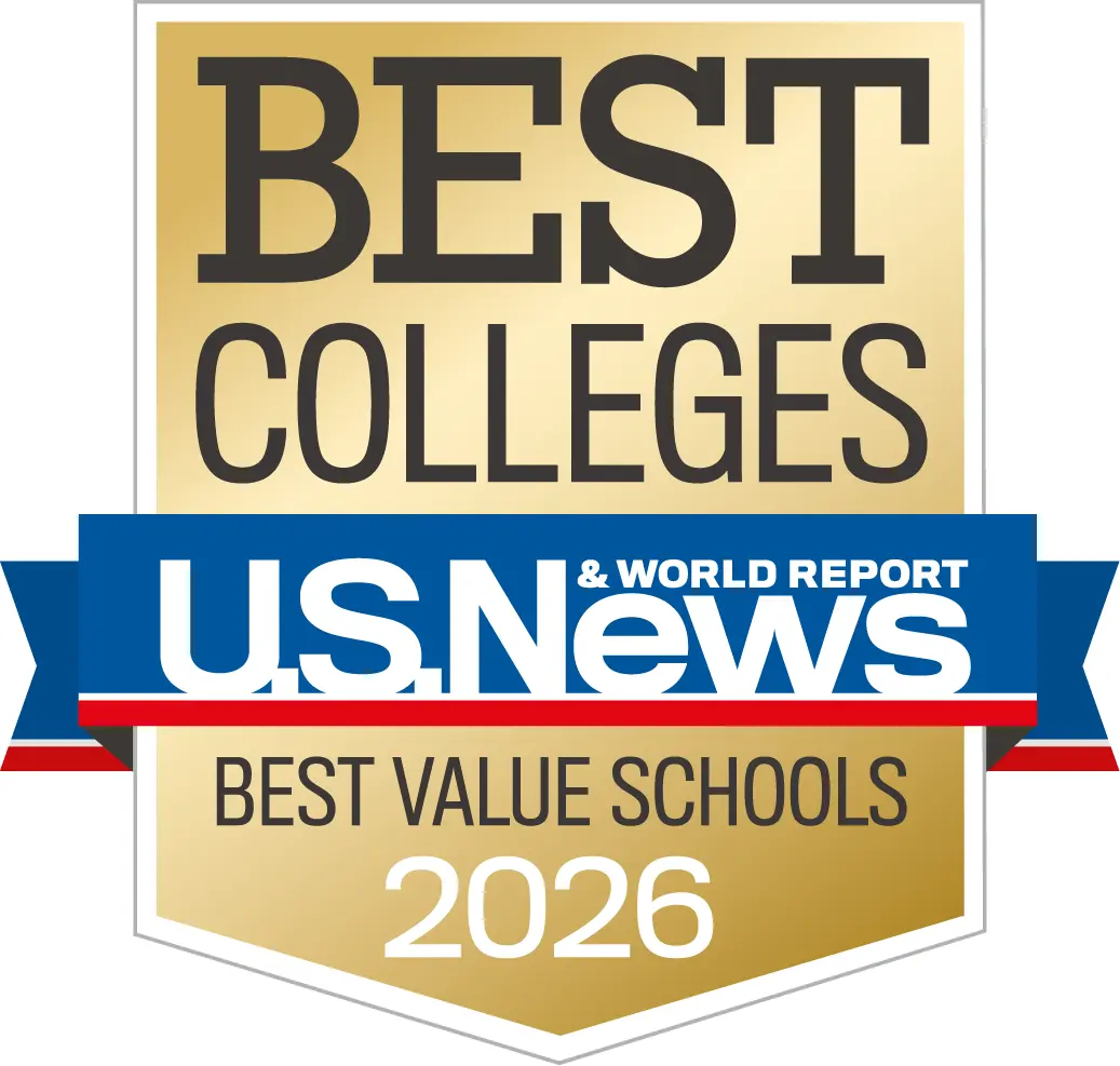 A badge reading: Best Colleges by U.S. News and World Report. Best Value Schools 2026