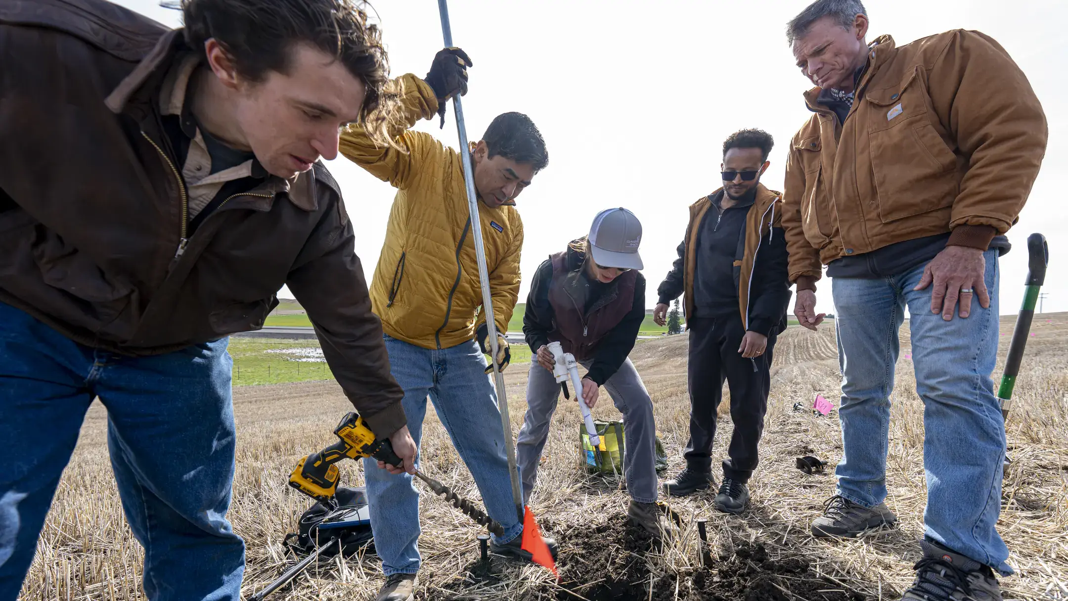Professor Dev Shrestha, Associate Professor Russ Qualls and students do Palouse Soil Moisture Project research, as part of a 3-year study, at University of Idaho’s field research farm, Kambitsch Farm, near Genesee, ID Thursday, April 10, 2025.