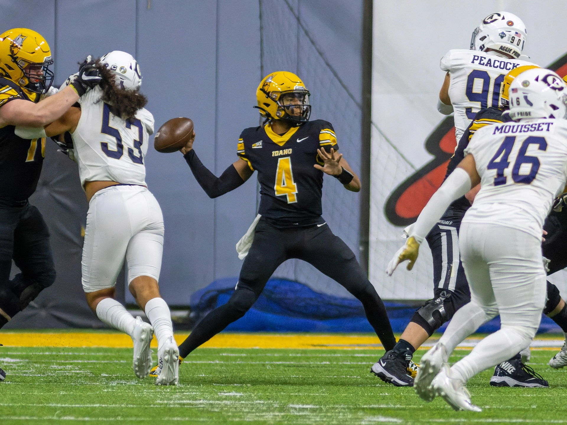 Football action shot with QB about to throw ball