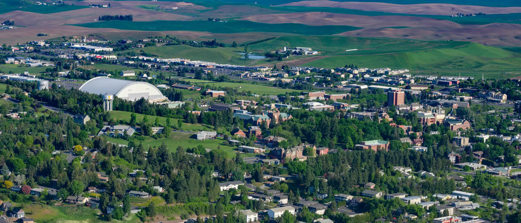 Aerials over town Moscow and campus University of Idaho spring 2019