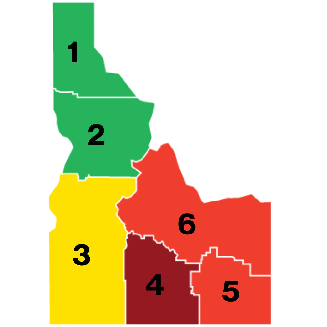 Map of Idaho divided into six colored regions with numbers labeling each part.