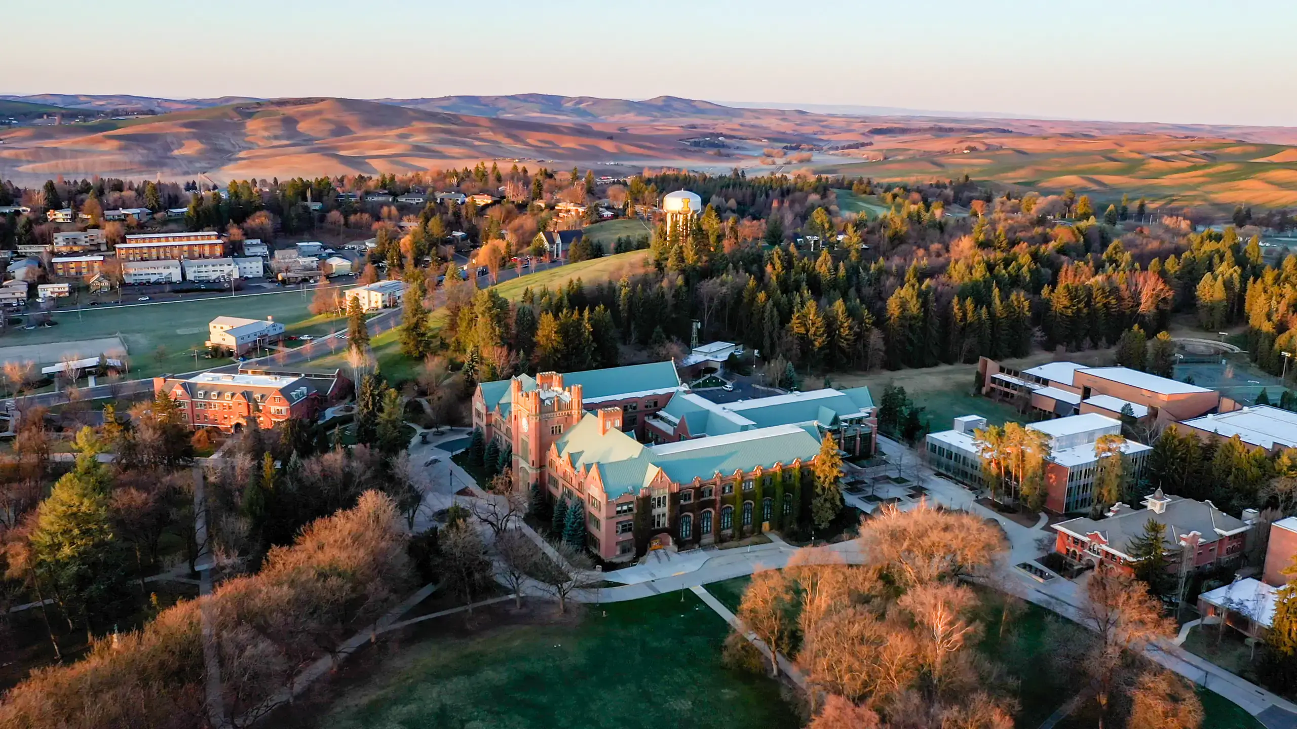  Aerial image of campus in the fall.