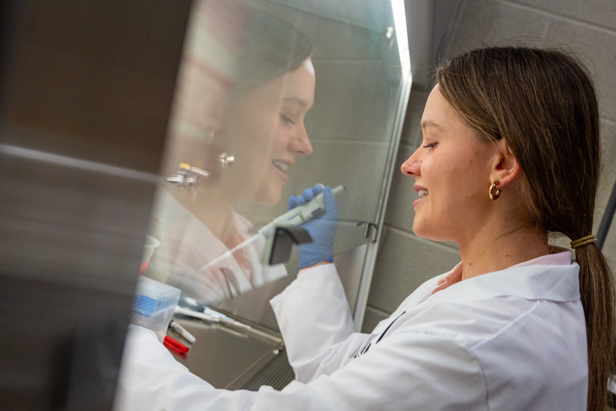 Alexis Biasotti does research in the Milk for Infant, Mind and Immunity (MIMI) Laboratory at the University of Idaho campus in Moscow, ID on March 26, 2025. She is an undergraduate pre-vet student, majoring in Animal and Veterinary Science, and has been in the Chen Lab since her freshman year because she was immediately drawn to the Piglet Intervention Center (PInC). Alexis has contributed significantly ranging from animal husbandry, lab maintenance, to growing cell culture for experiments. She completed one project comparing systemic inflammatory response between piglets fed human milk vs. infant formula. Alexis is now working on optimizing growing conditions for human enteroids.
