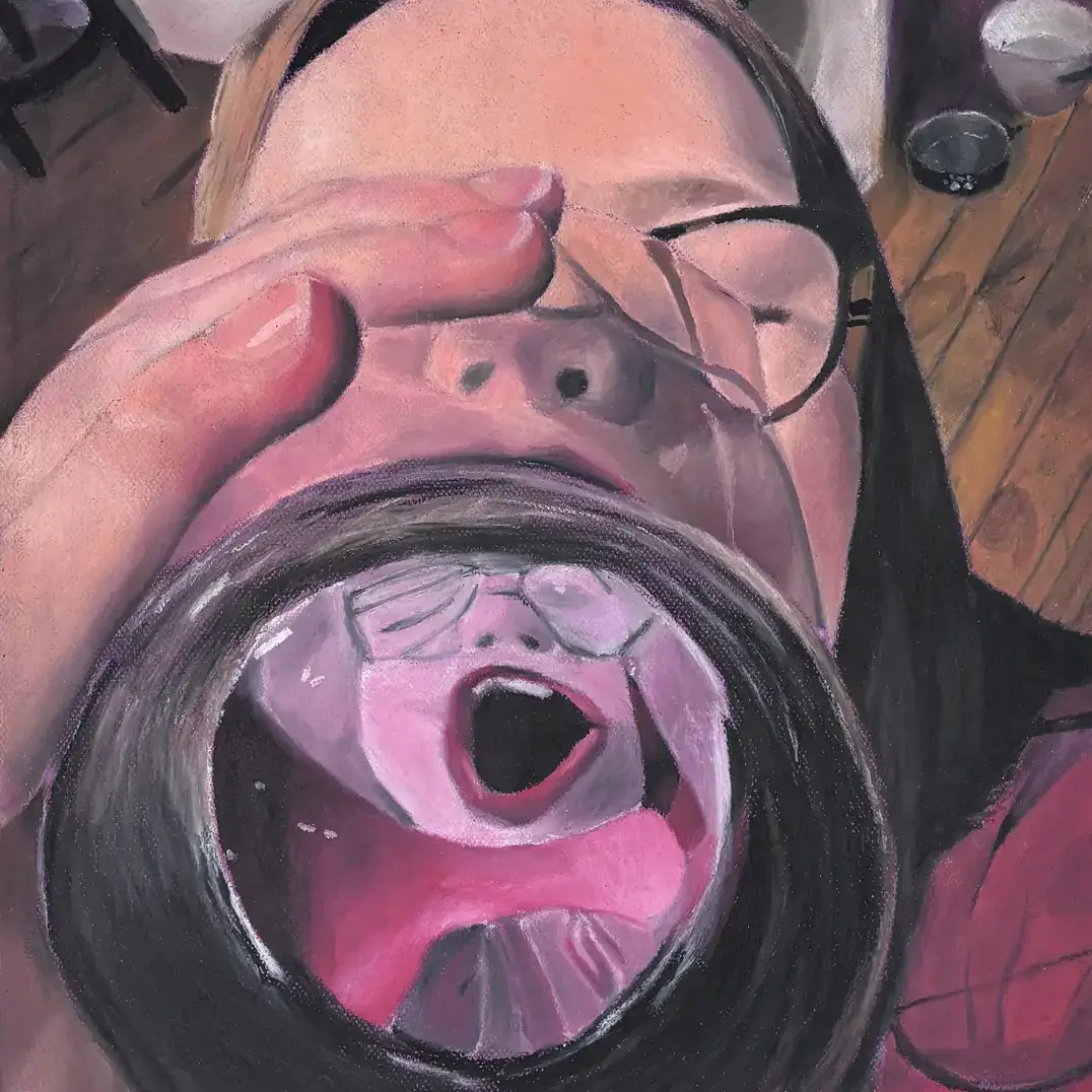 Painting of woman drinking through a glass