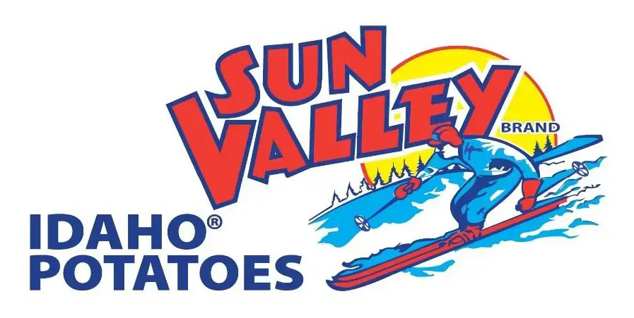 Sun Valley brand Idaho Potatoes logo with a skier in front of a yellow sun
