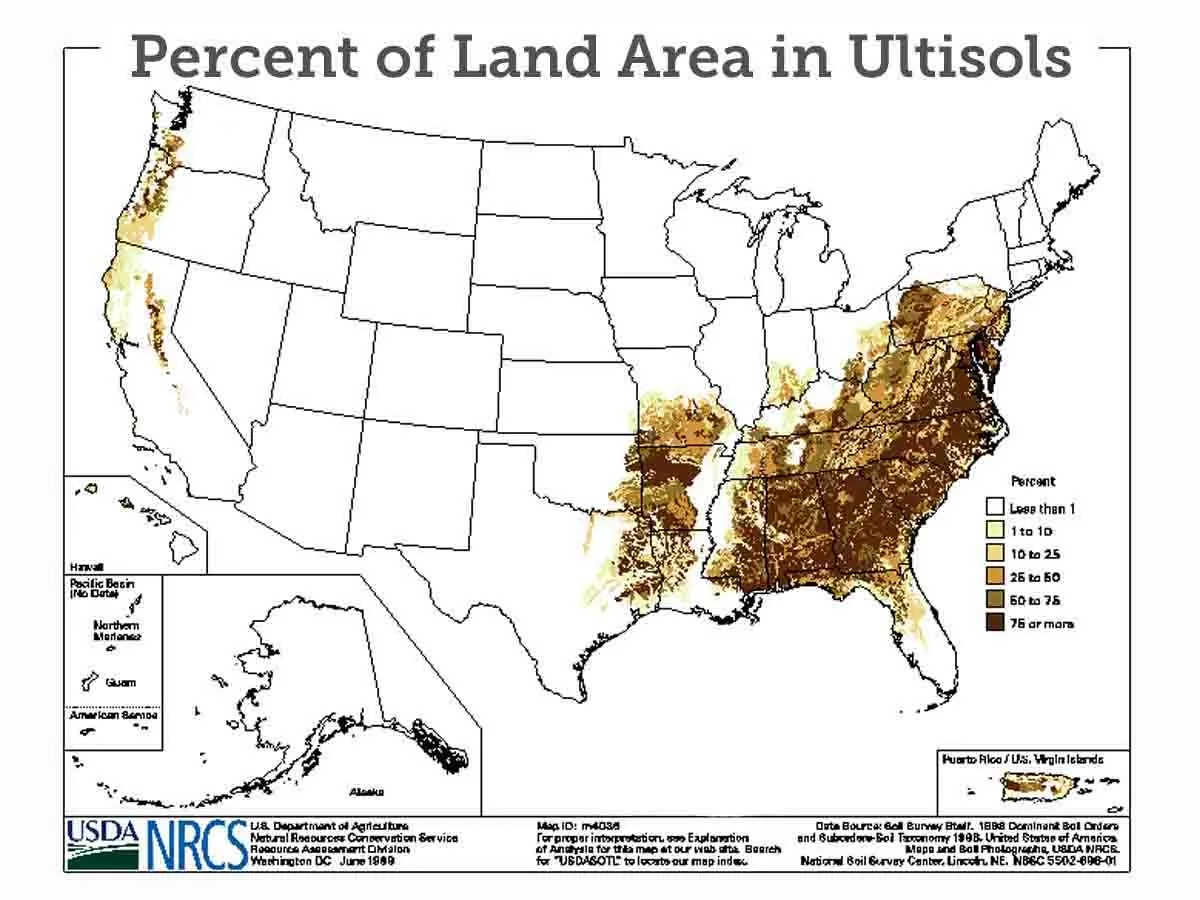 A map of the United States showing the percent of land area in ultisols