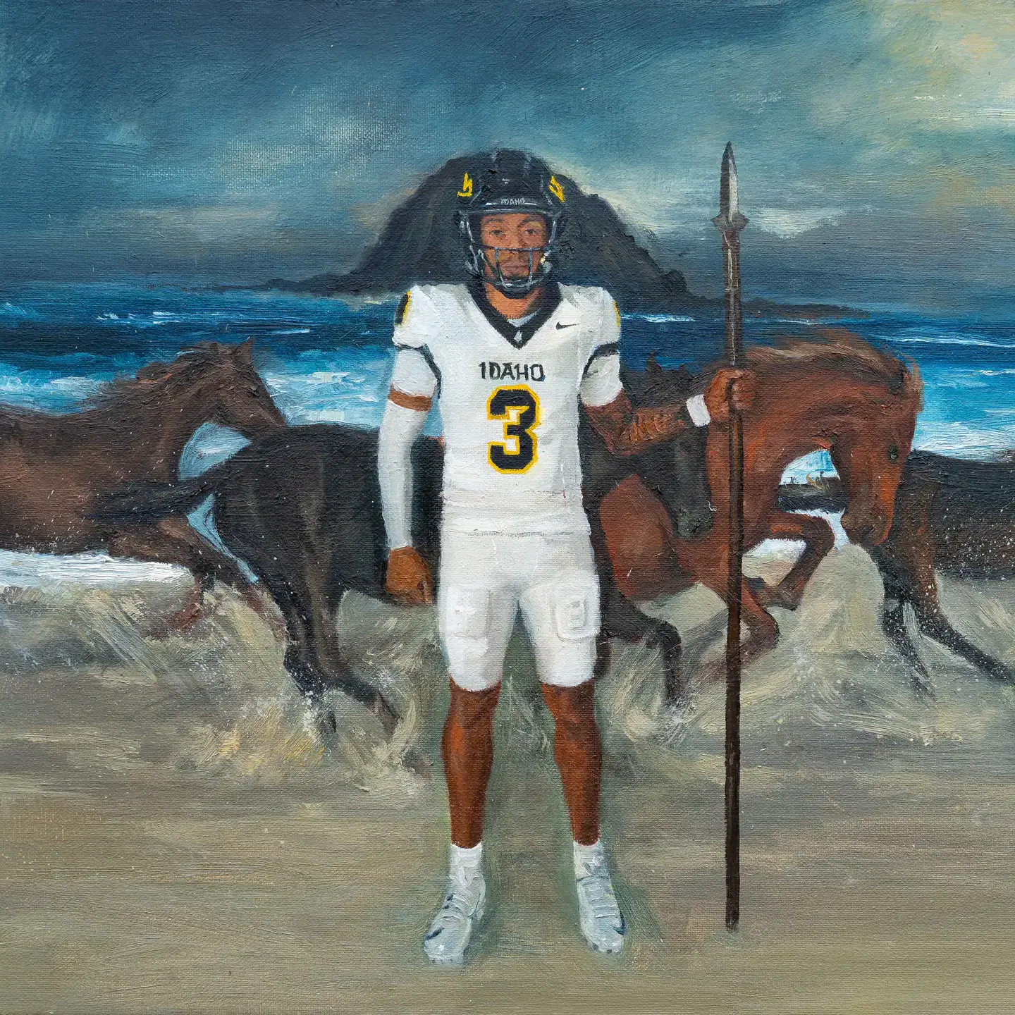 A football player standing in front of a painting.