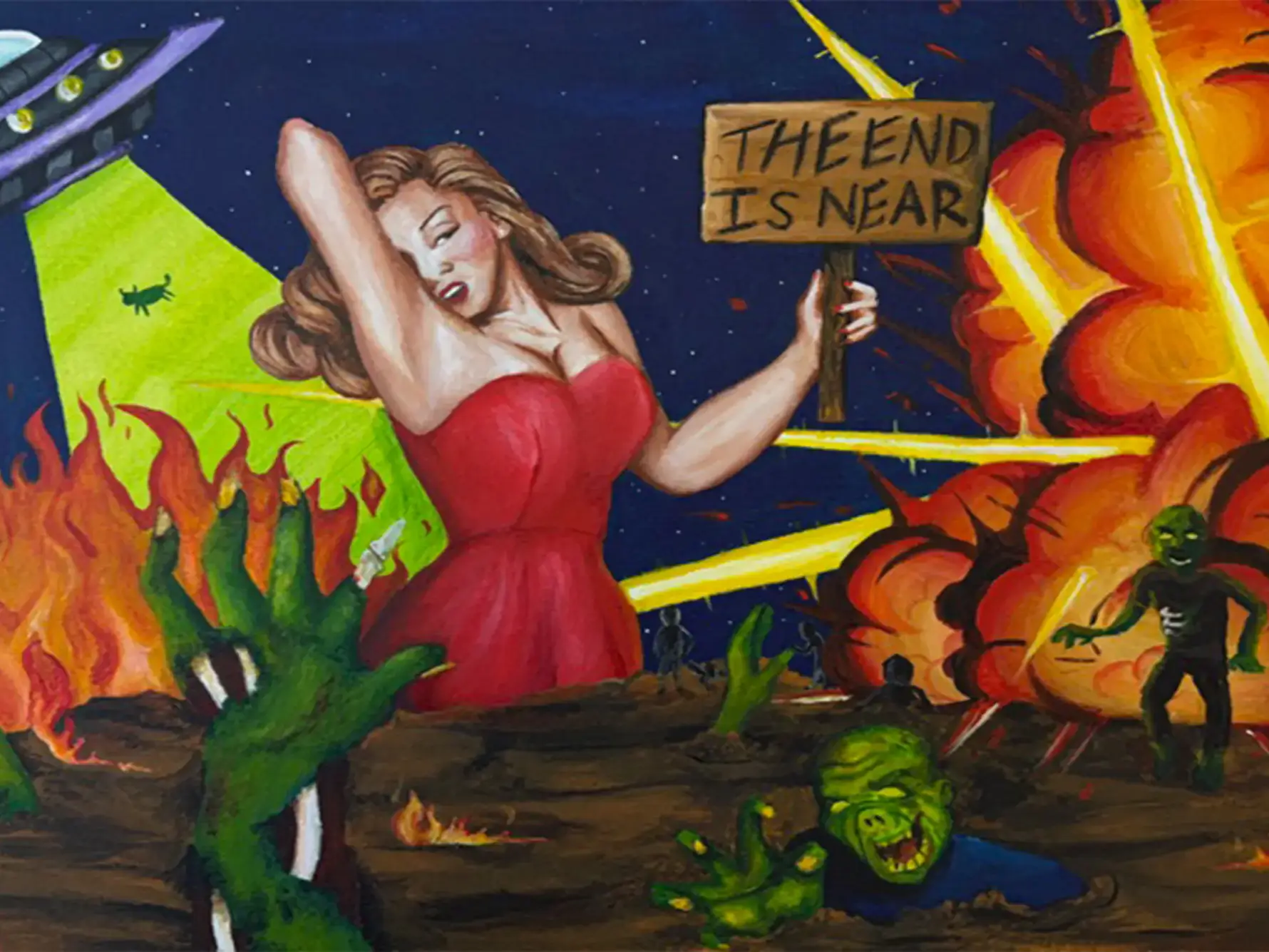 Surrealist painting with aliens and bombs, reading "The end is near"