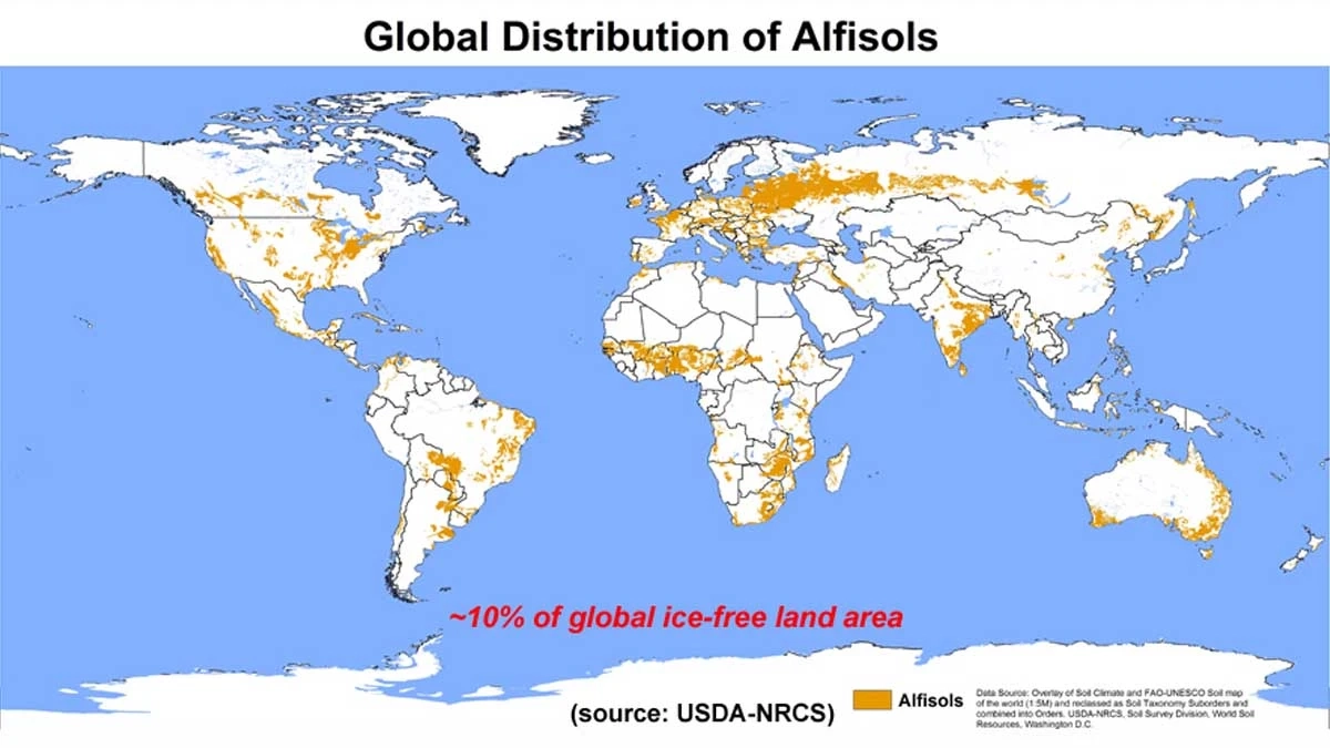 A map showing the global distribution of Alfisols.