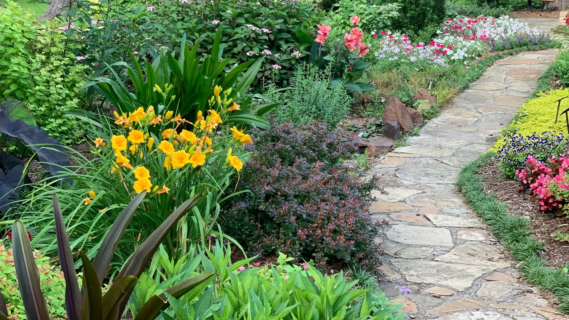 A flower garden with a rock walkway