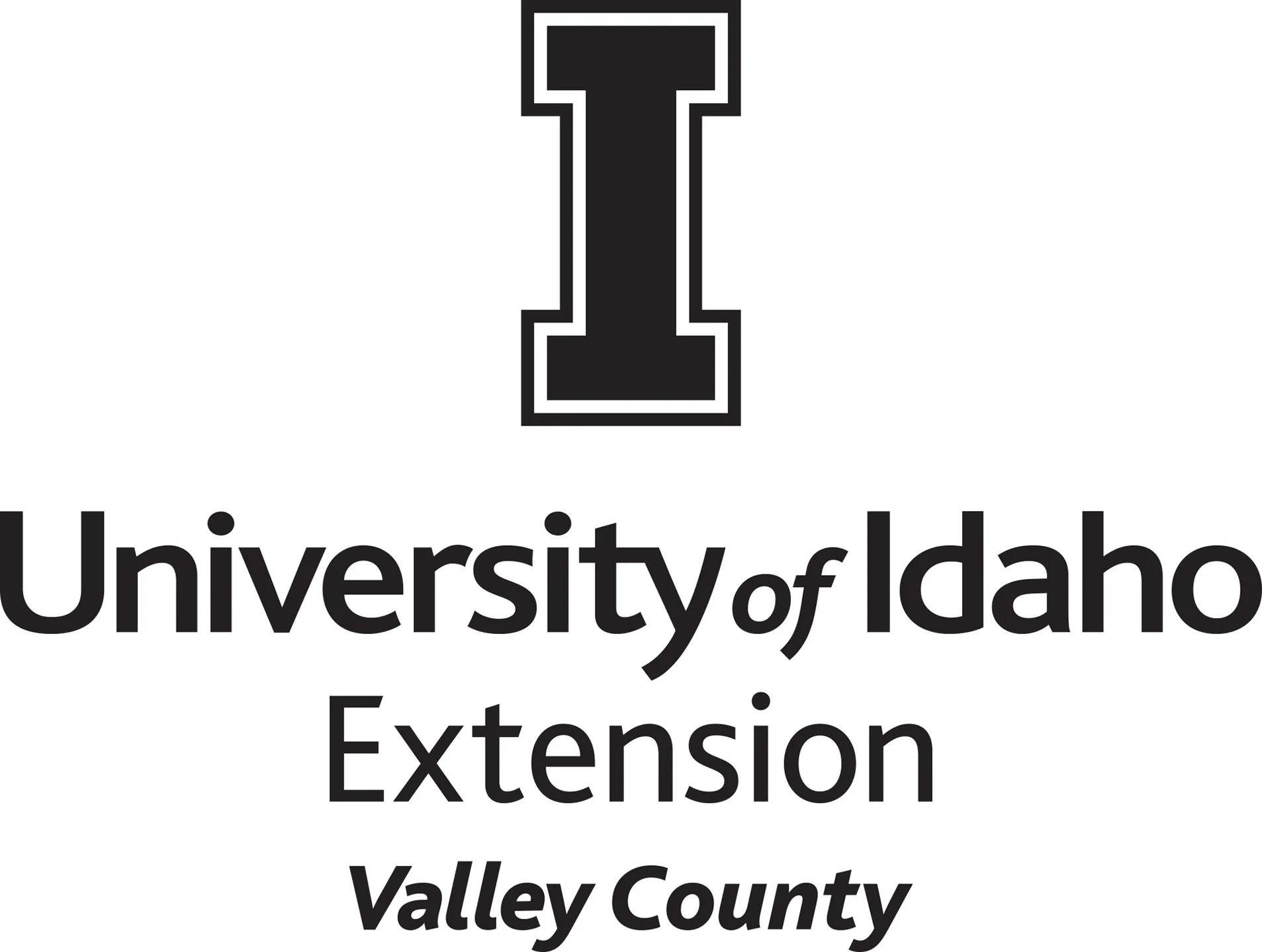 Stacked University of Idaho Extension Valley County logo in all black - JPG file, all black color, RGB mode. Please select original file when downloading. For assistance, email: medialibrary@uidaho.edu