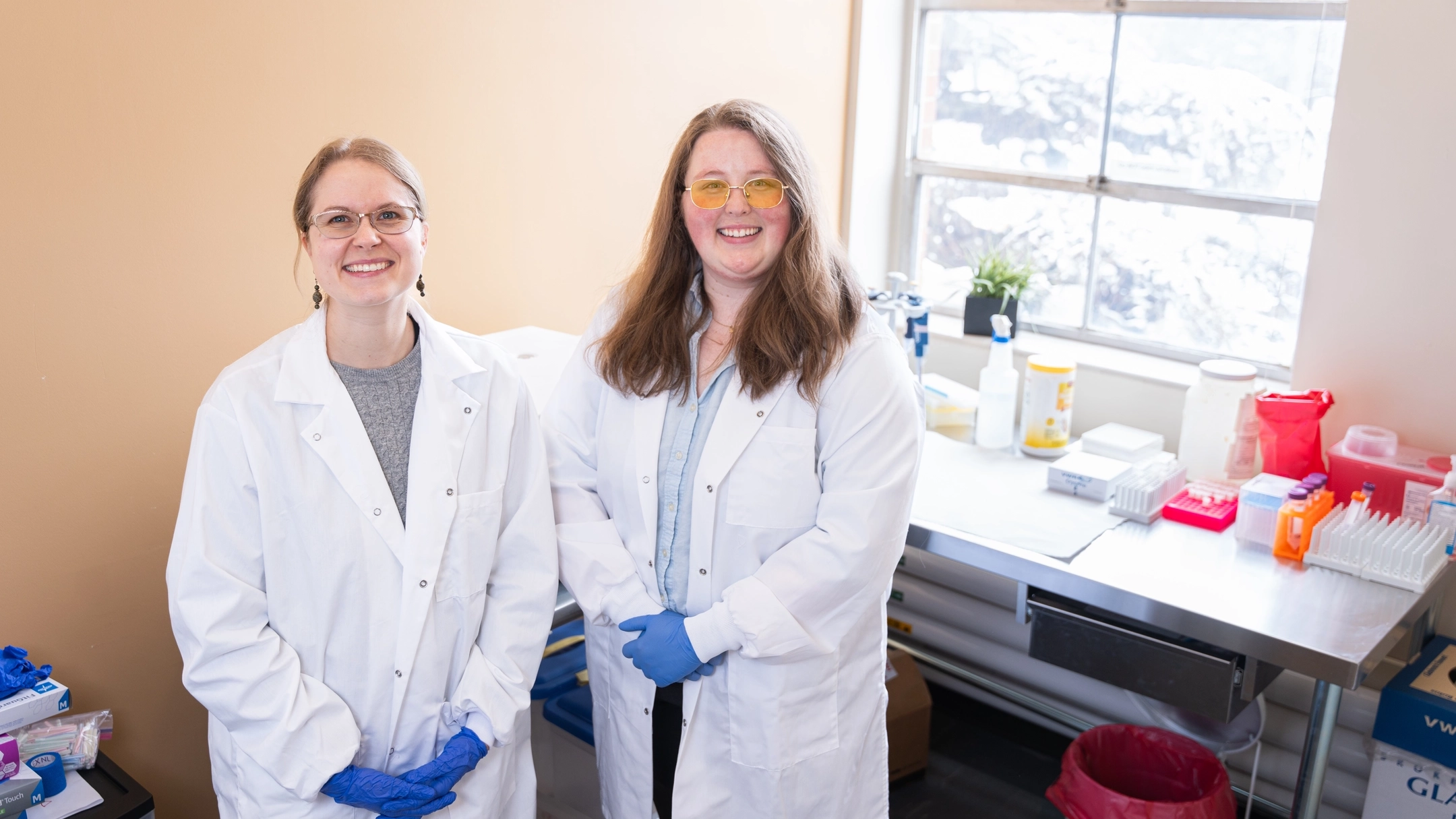 Cassandra Partridge and Alexandra Gogel, who are studying nutrition sciences, will be the first Family and Consumer Sciences students to receive Ph.D.s this spring. They are pictured at the Niccols Building at the University of Idaho campus in Moscow, ID on March 17, 2025.