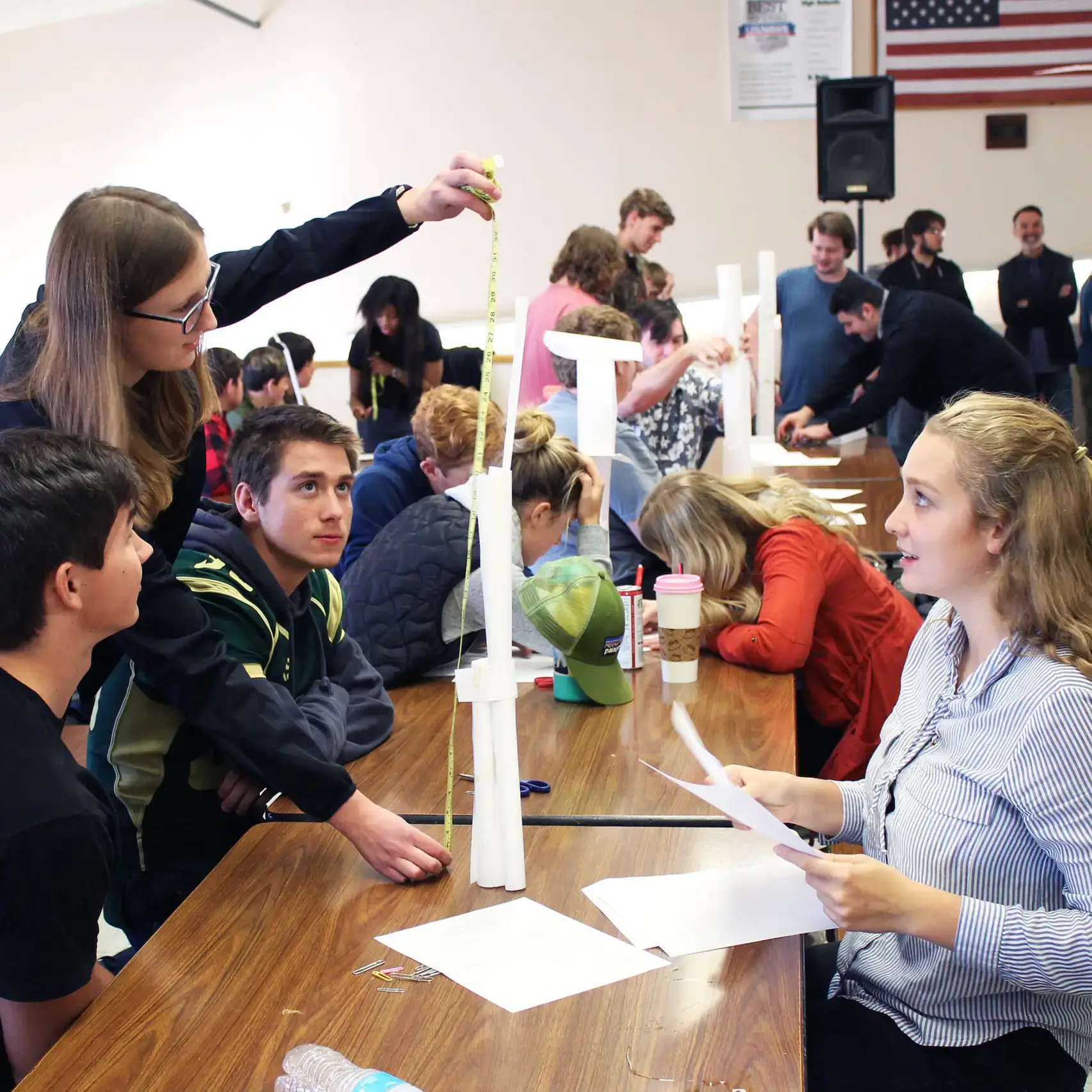 Students measure their self-made structures.