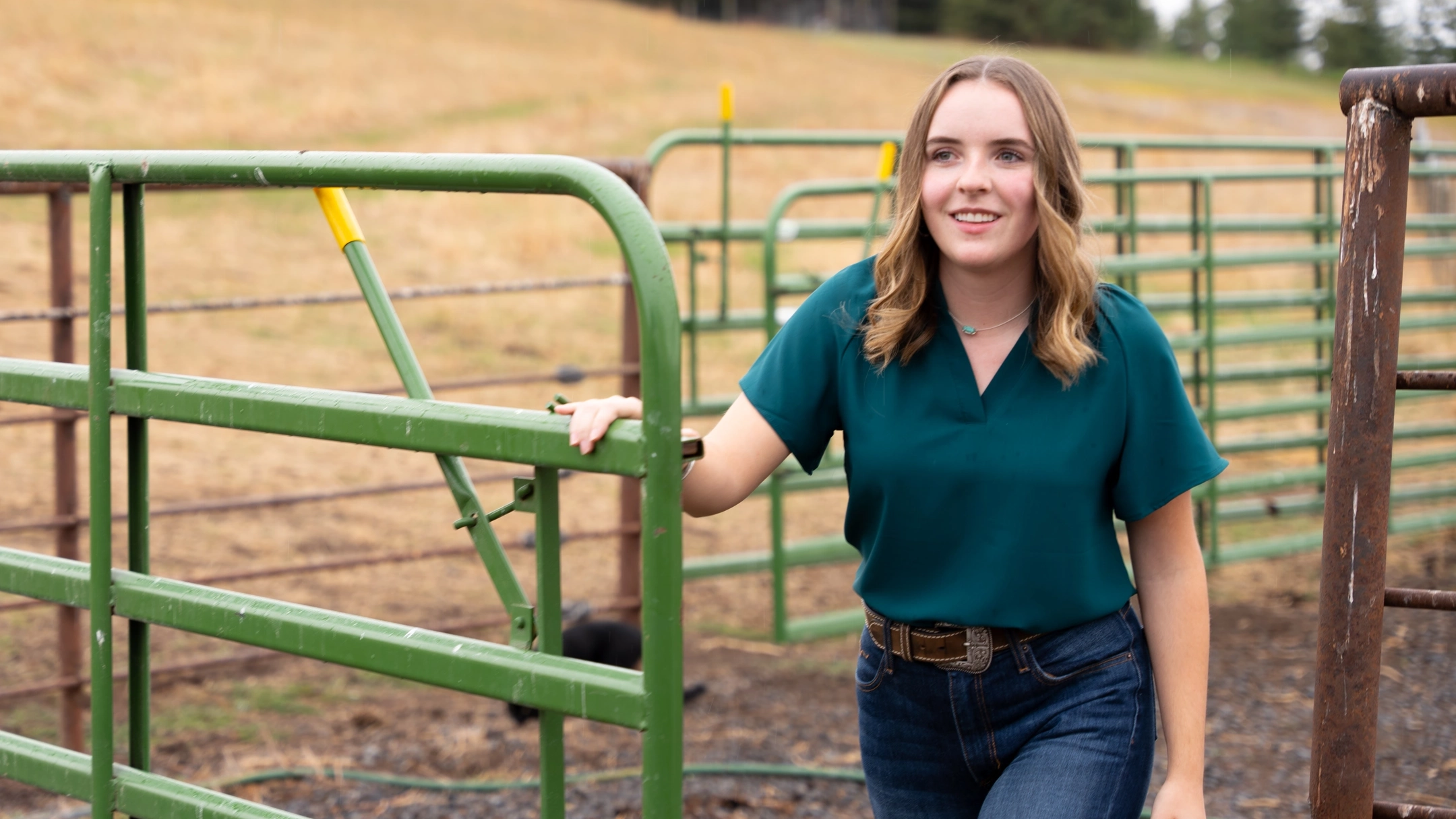 A woman opening a gate to a cow pen.