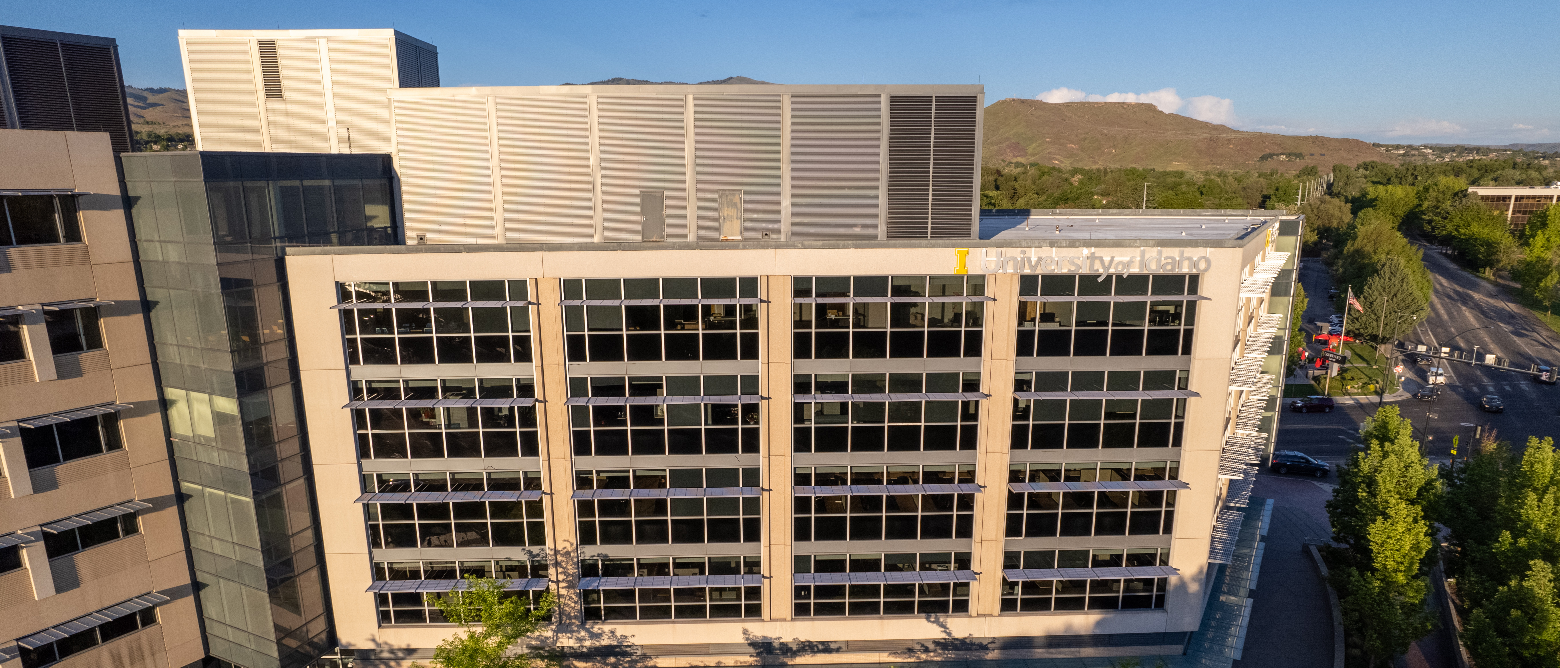 Oblique aeral of the University of Idaho Boise Water Center in Downtown Boise Idaho.