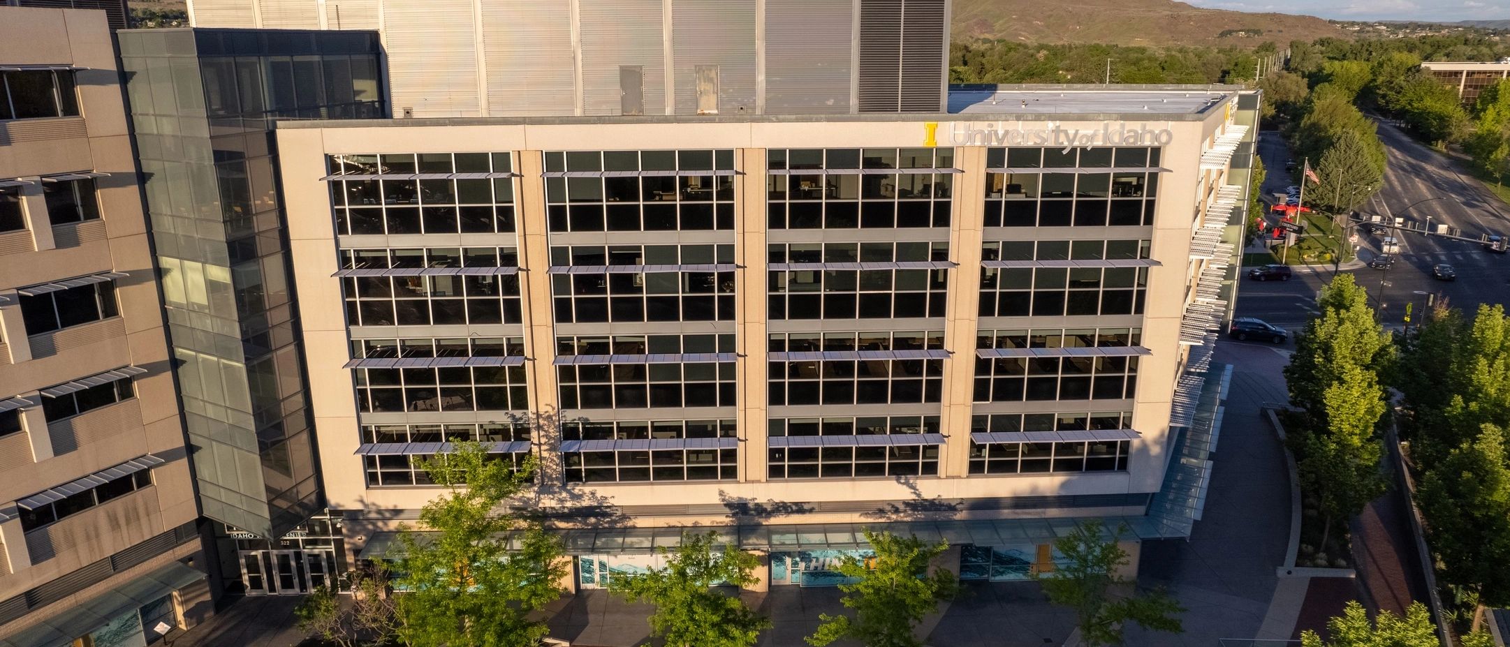 Oblique aeral of the University of Idaho Boise Water Center in Downtown Boise Idaho.