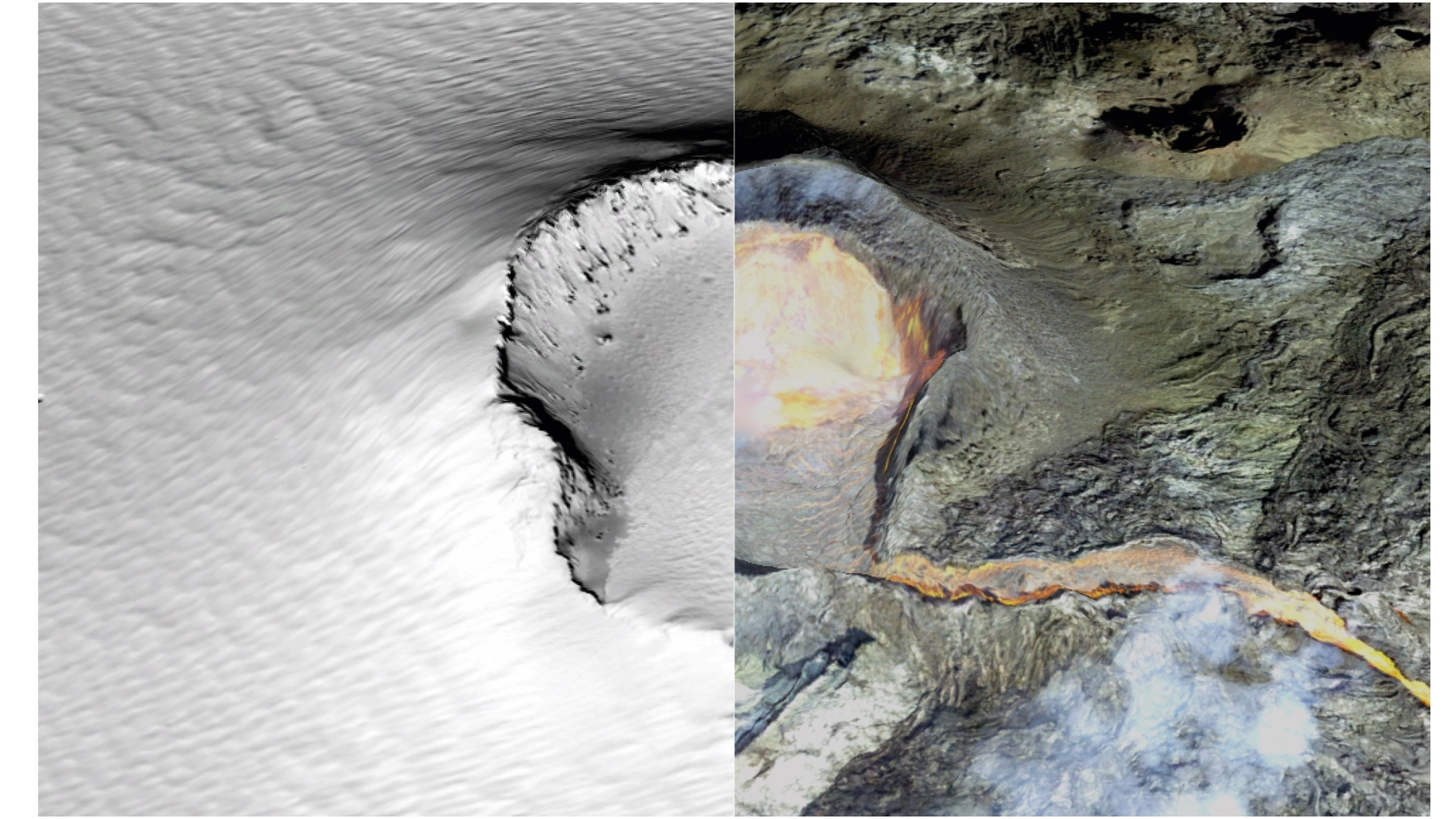 A volcanic feature on Mars and a spatter cone in Iceland