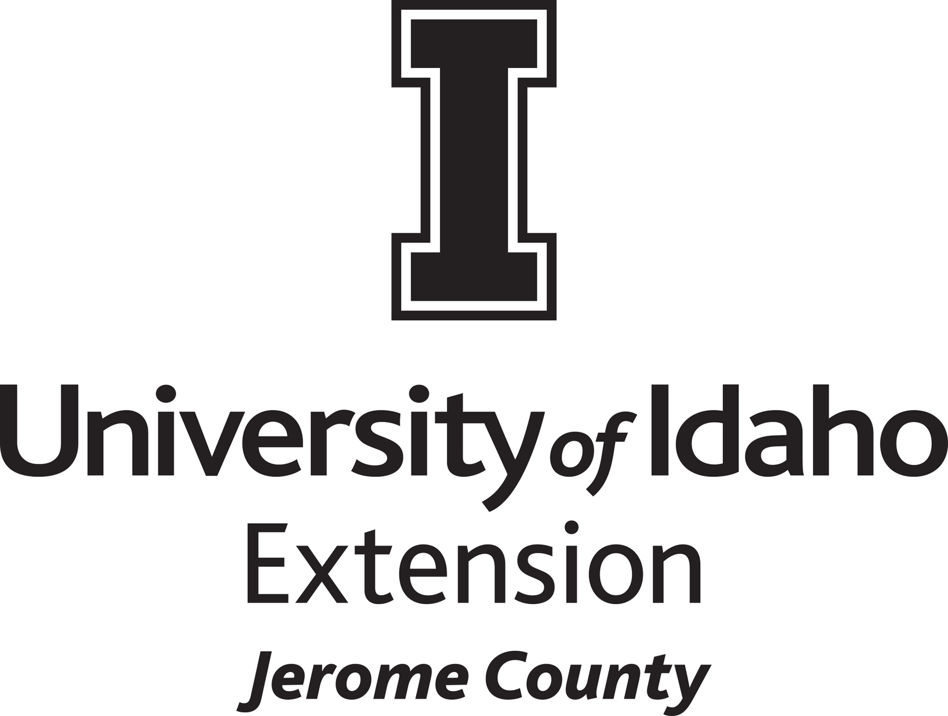 Stacked University of Idaho Extension Jerome County logo in all black - JPG file, all black color, RGB mode. Please select original file when downloading. For assistance, email: medialibrary@uidaho.edu
