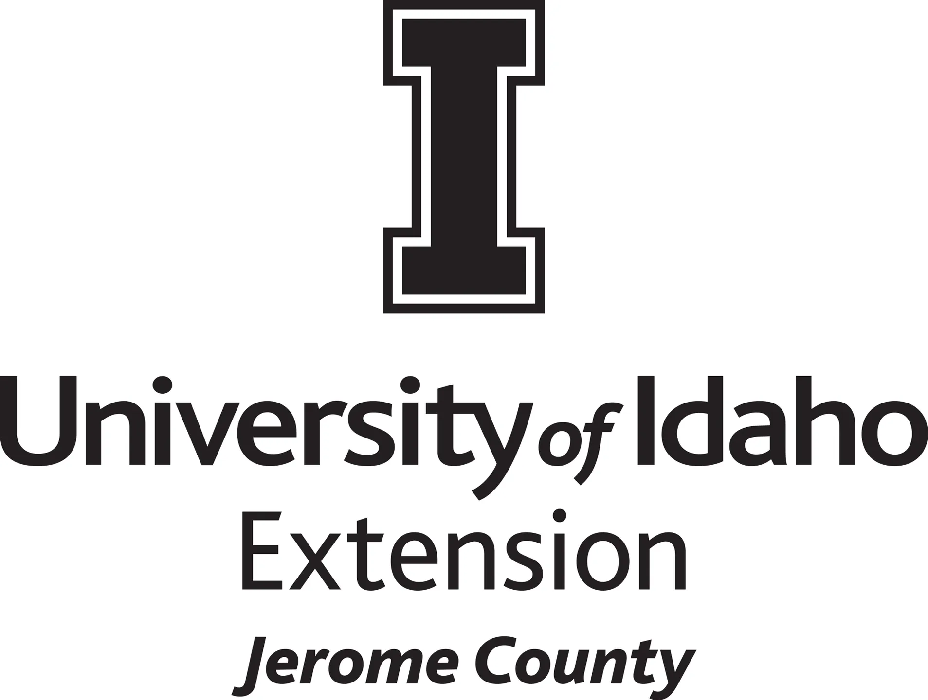 Stacked University of Idaho Extension Jerome County logo in all black - JPG file, all black color, RGB mode. Please select original file when downloading. For assistance, email: medialibrary@uidaho.edu