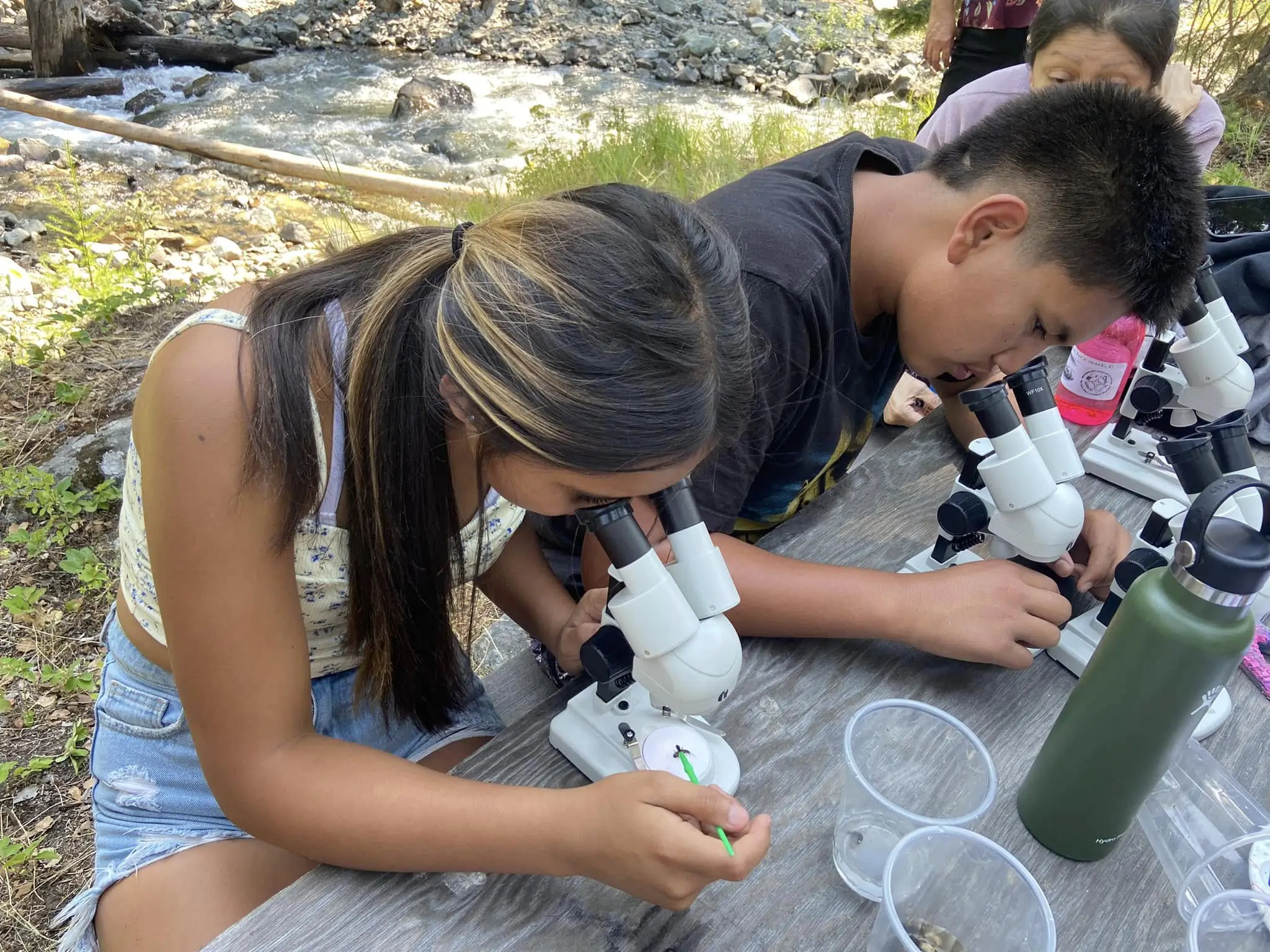 Two youth study specimens through a microscope set up on a picnic table with a cascading stream in the background.