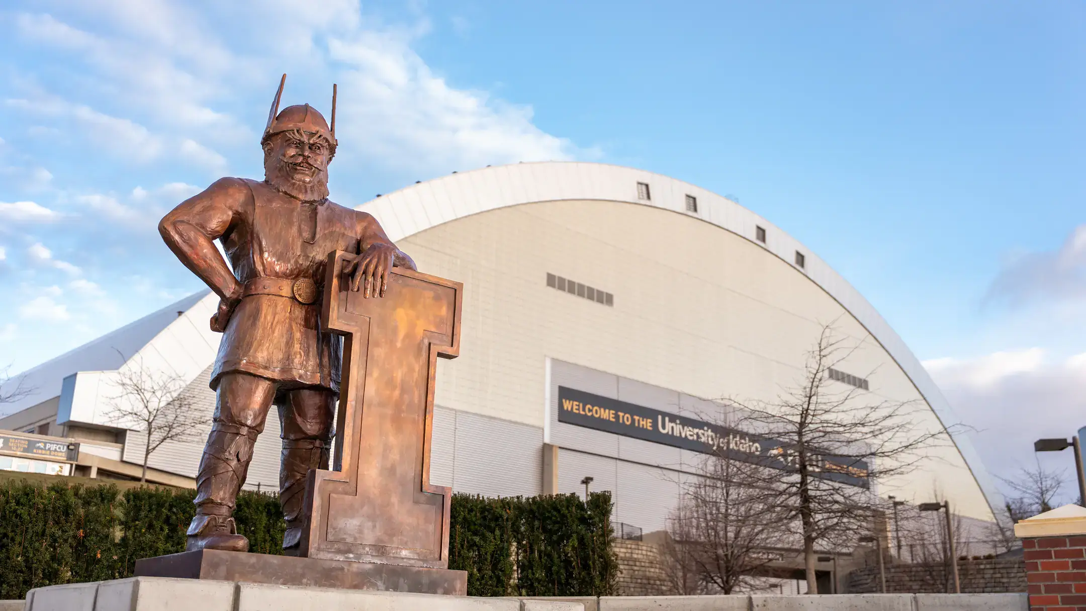The bronze Joe Vandal monument is pictured near the Kibbie Dome.