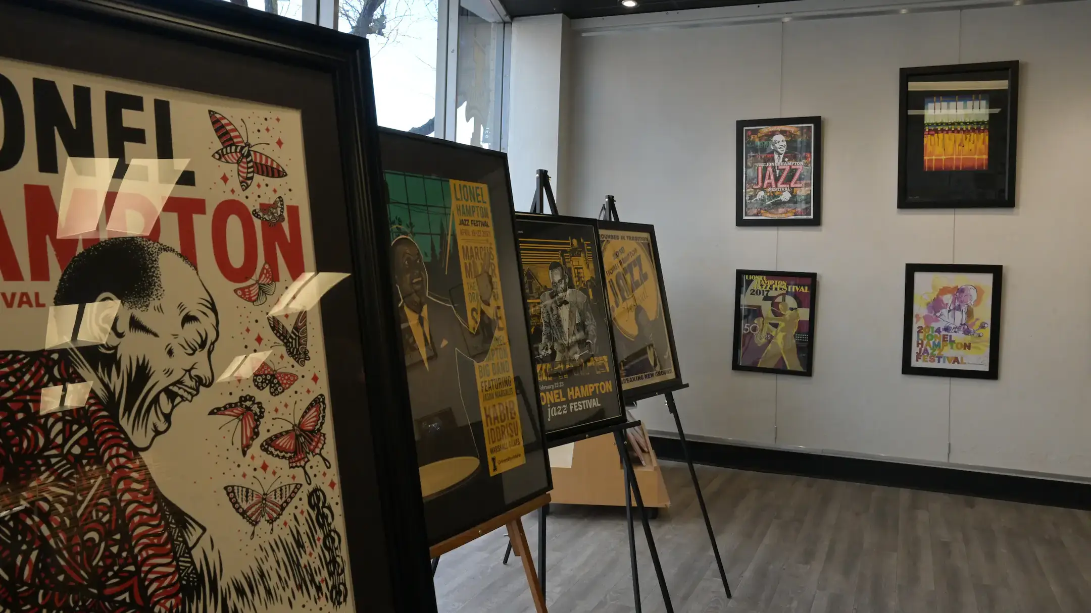  Framed Lionel Hampton Jazz Festival posters inside a gallery.