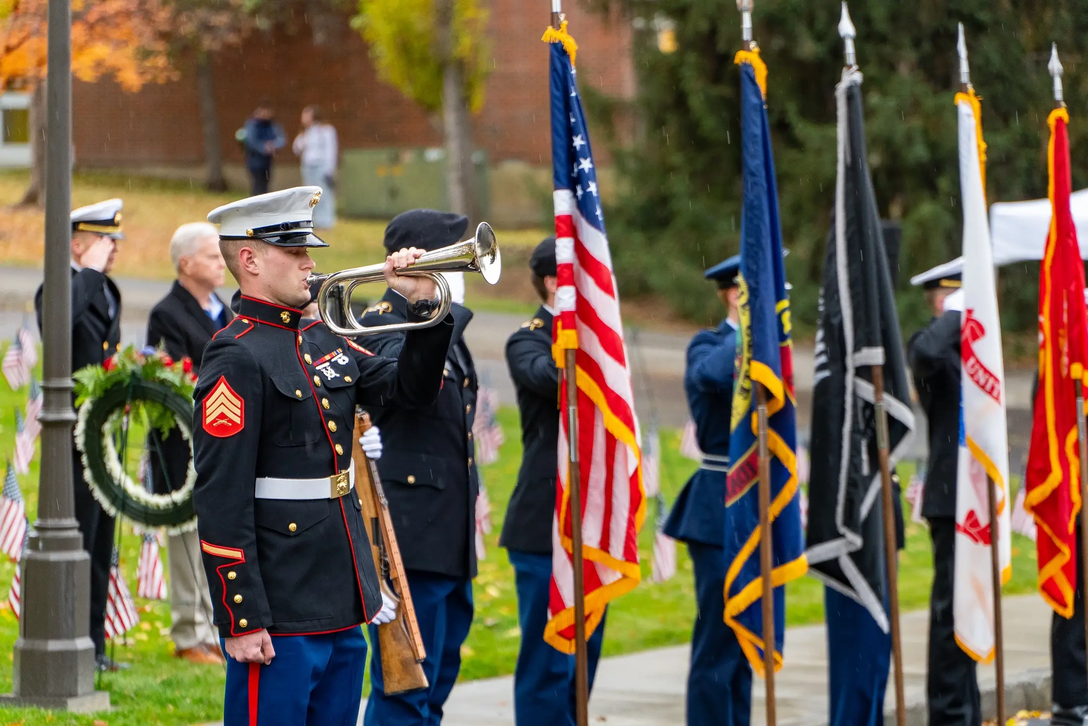 Veterans Day flag ceremony held on the Admin Lawn, followed by a Veterans Day appreciation dinner at the ICCU Arena