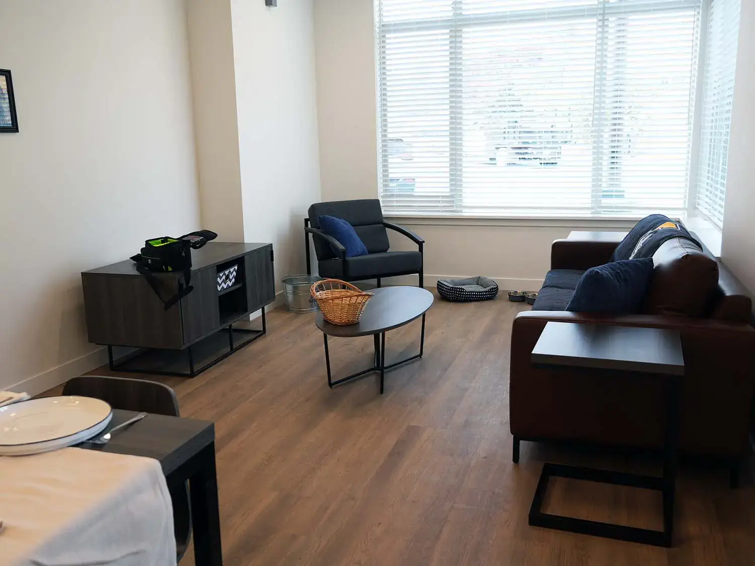 Living room in a Vandal Village Family Housing apartment featuring a sofa, lounge chair, coffee table, and large windows.