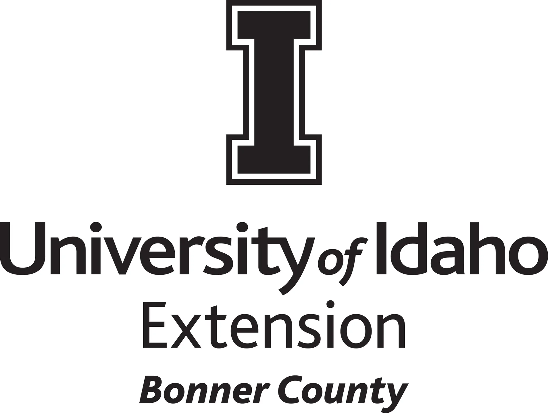 Stacked University of Idaho Extension Bonner County logo in all black - JPG file, all black color, RGB mode. Please select original file when downloading. For assistance, email: medialibrary@uidaho.edu