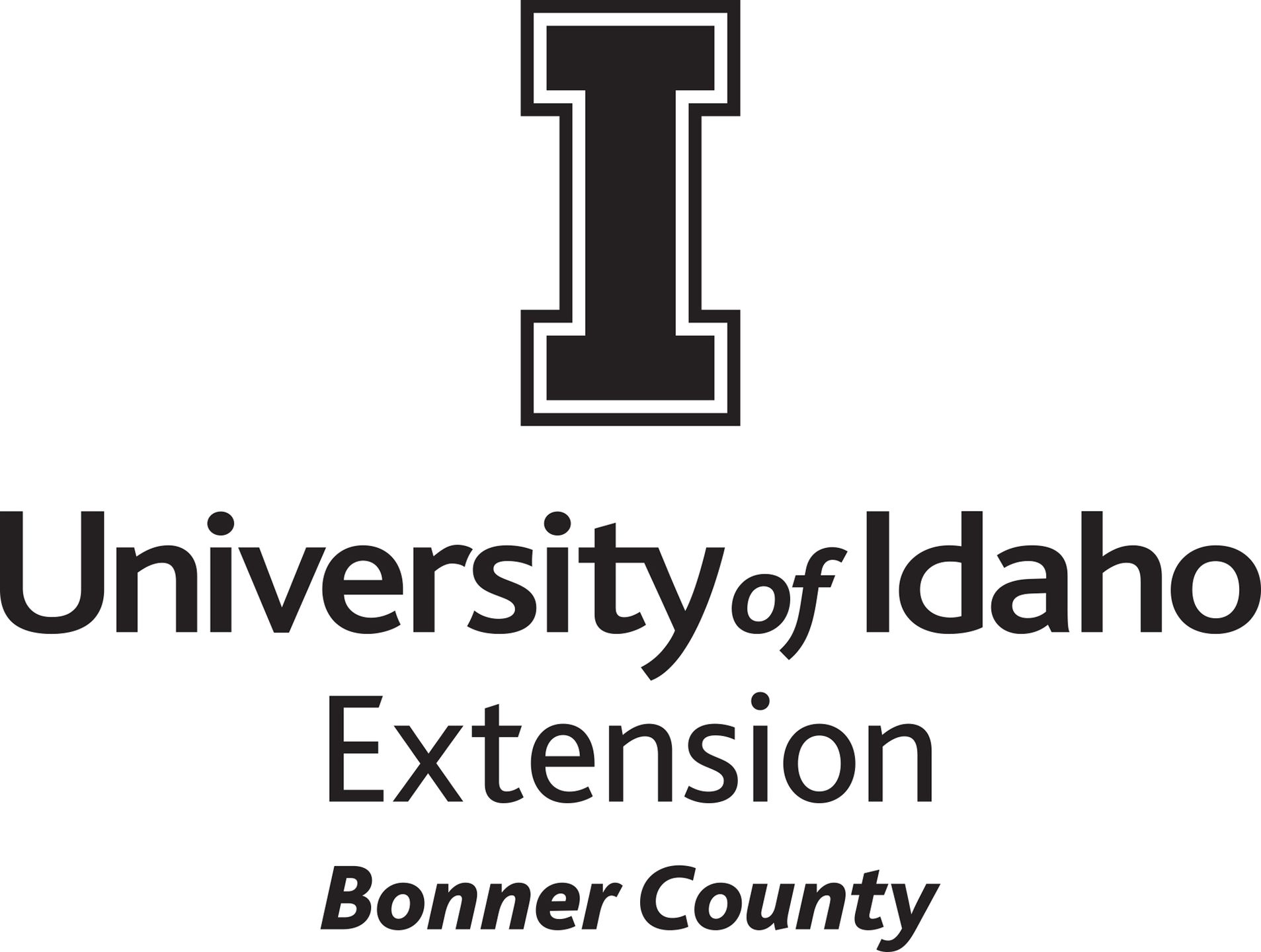 Stacked University of Idaho Extension Bonner County logo in all black - JPG file, all black color, RGB mode. Please select original file when downloading. For assistance, email: medialibrary@uidaho.edu